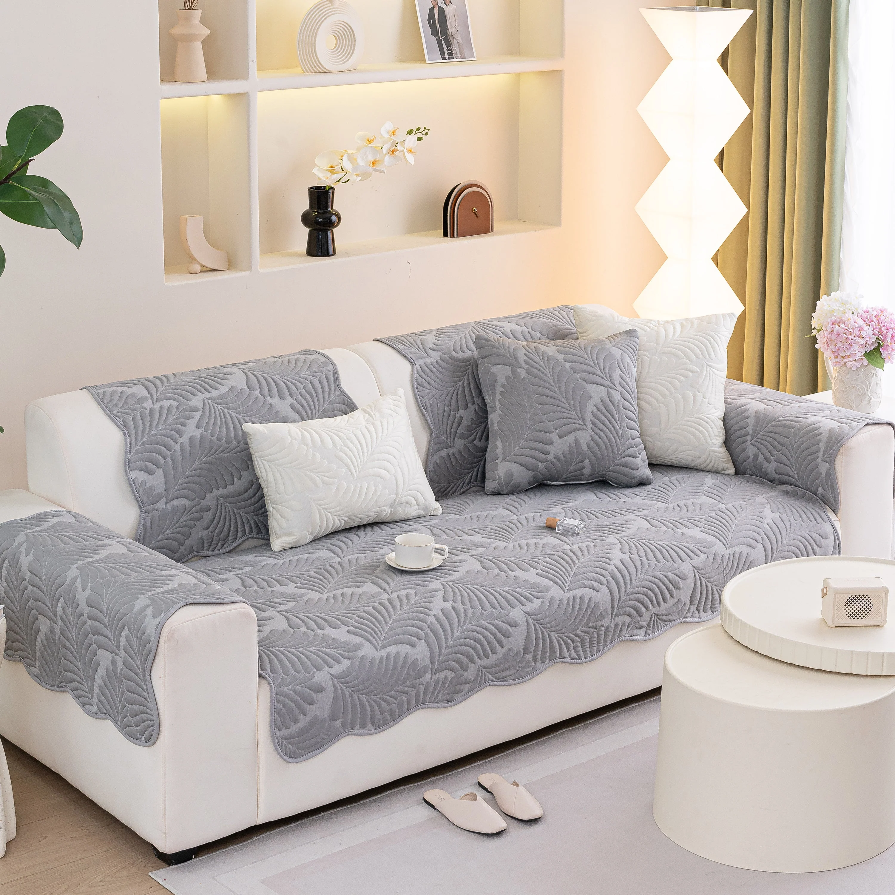 Sofa Cover for Leather & Fabric Couches, 3D Leaf Embossed Quilted Furniture Covers - Image 60