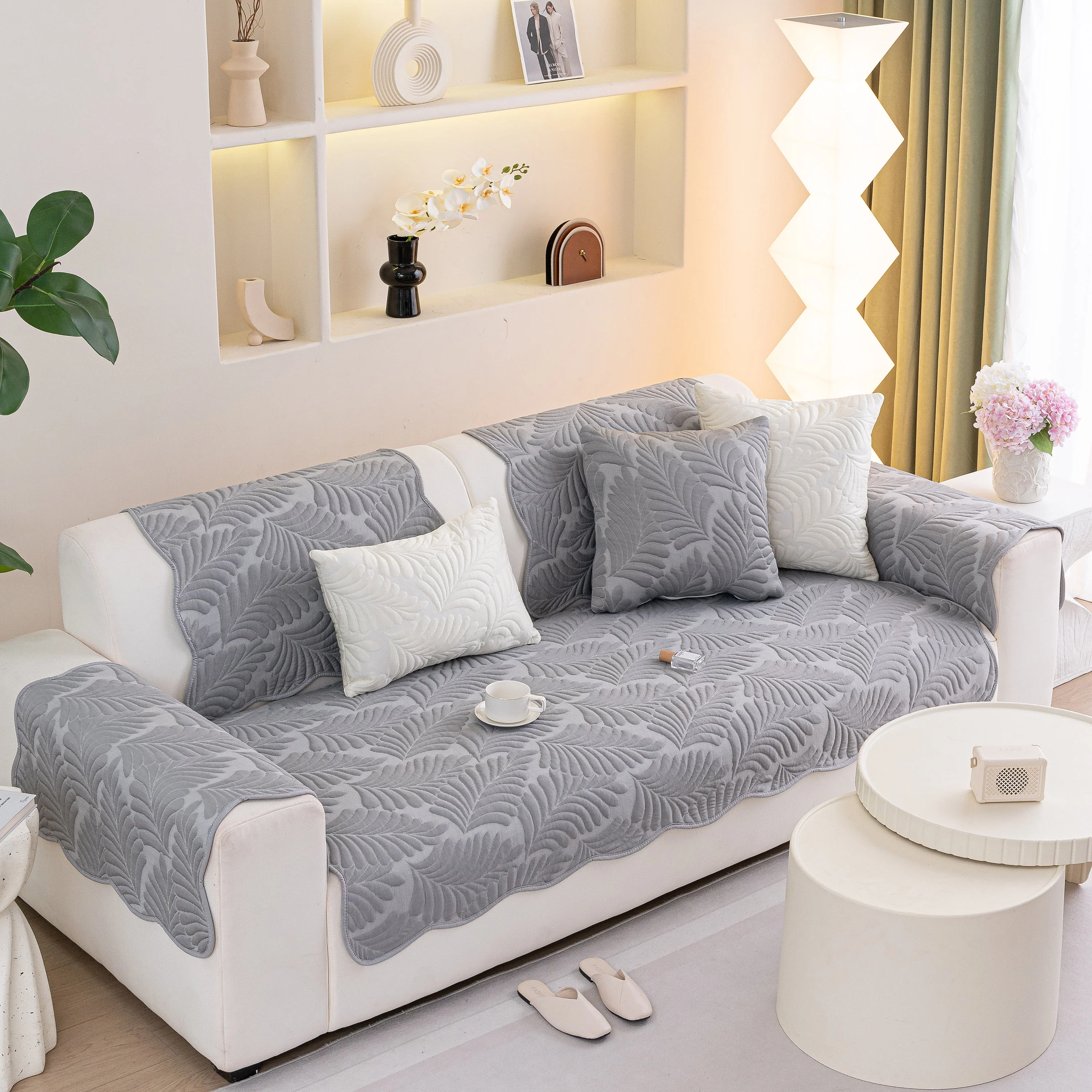 Sofa Cover for Leather & Fabric Couches, 3D Leaf Embossed Quilted Furniture Covers - Image 61