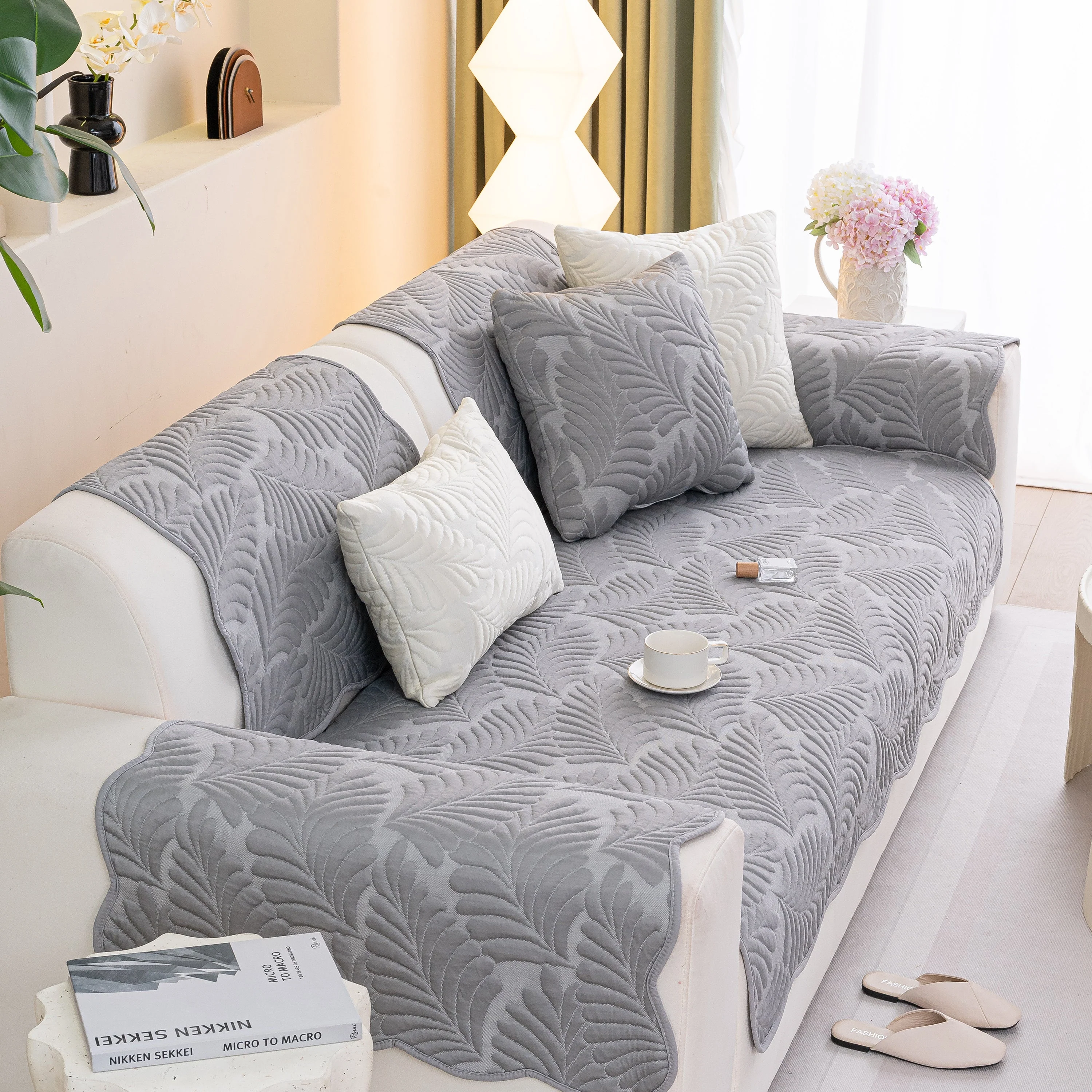 Sofa Cover for Leather & Fabric Couches, 3D Leaf Embossed Quilted Furniture Covers - Image 63