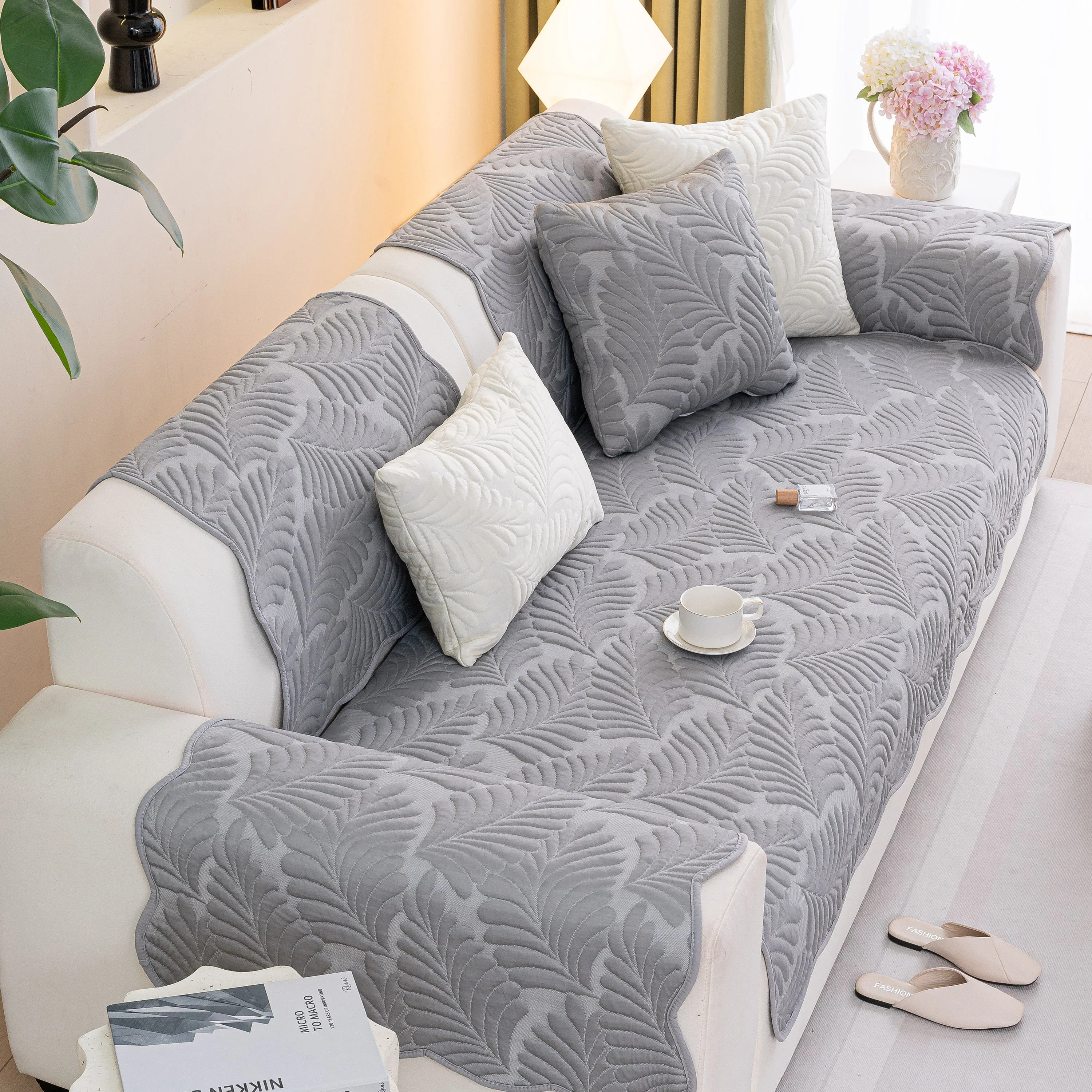Sofa Cover for Leather & Fabric Couches, 3D Leaf Embossed Quilted Furniture Covers - Image 64