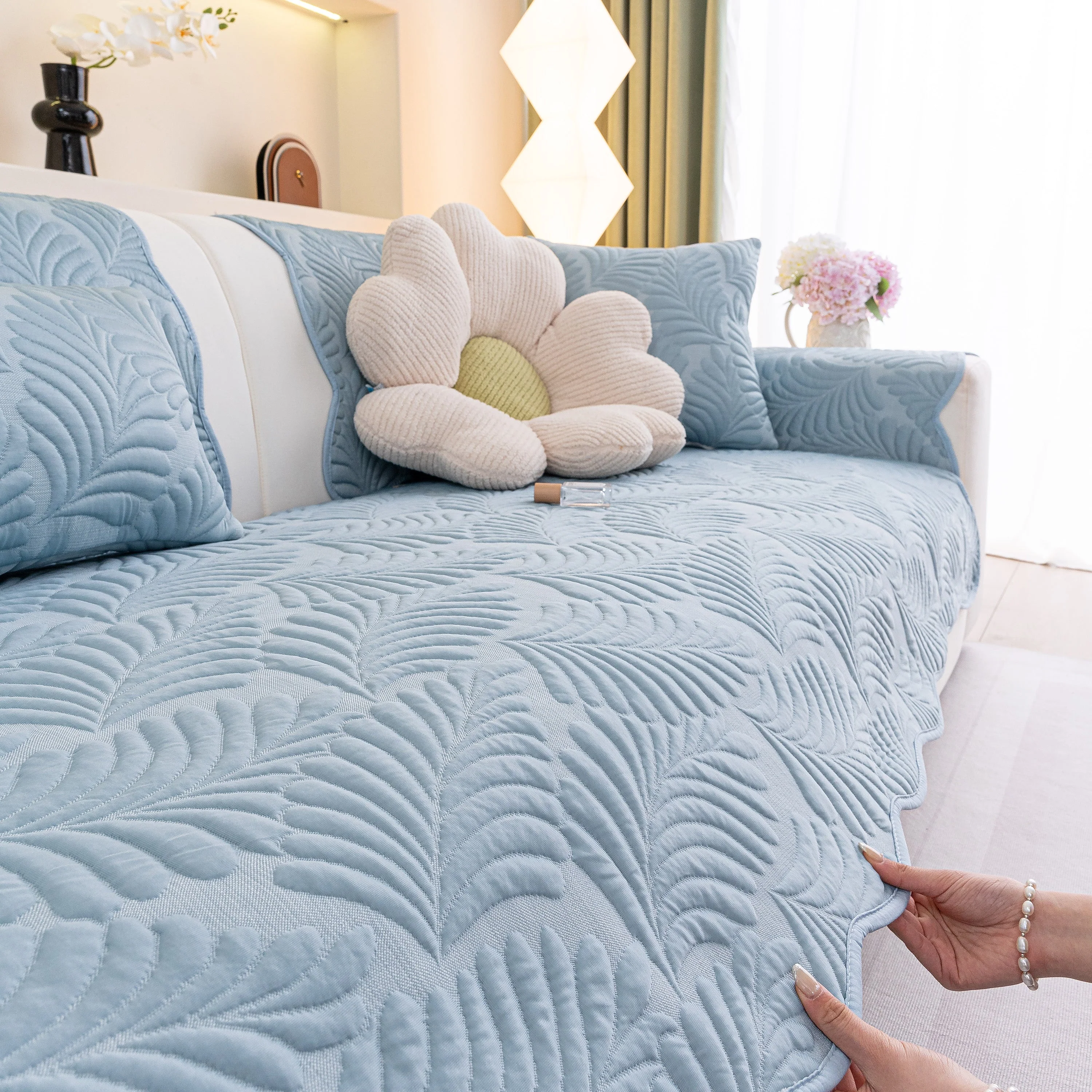 Sofa Cover for Leather & Fabric Couches, 3D Leaf Embossed Quilted Furniture Covers - Image 7