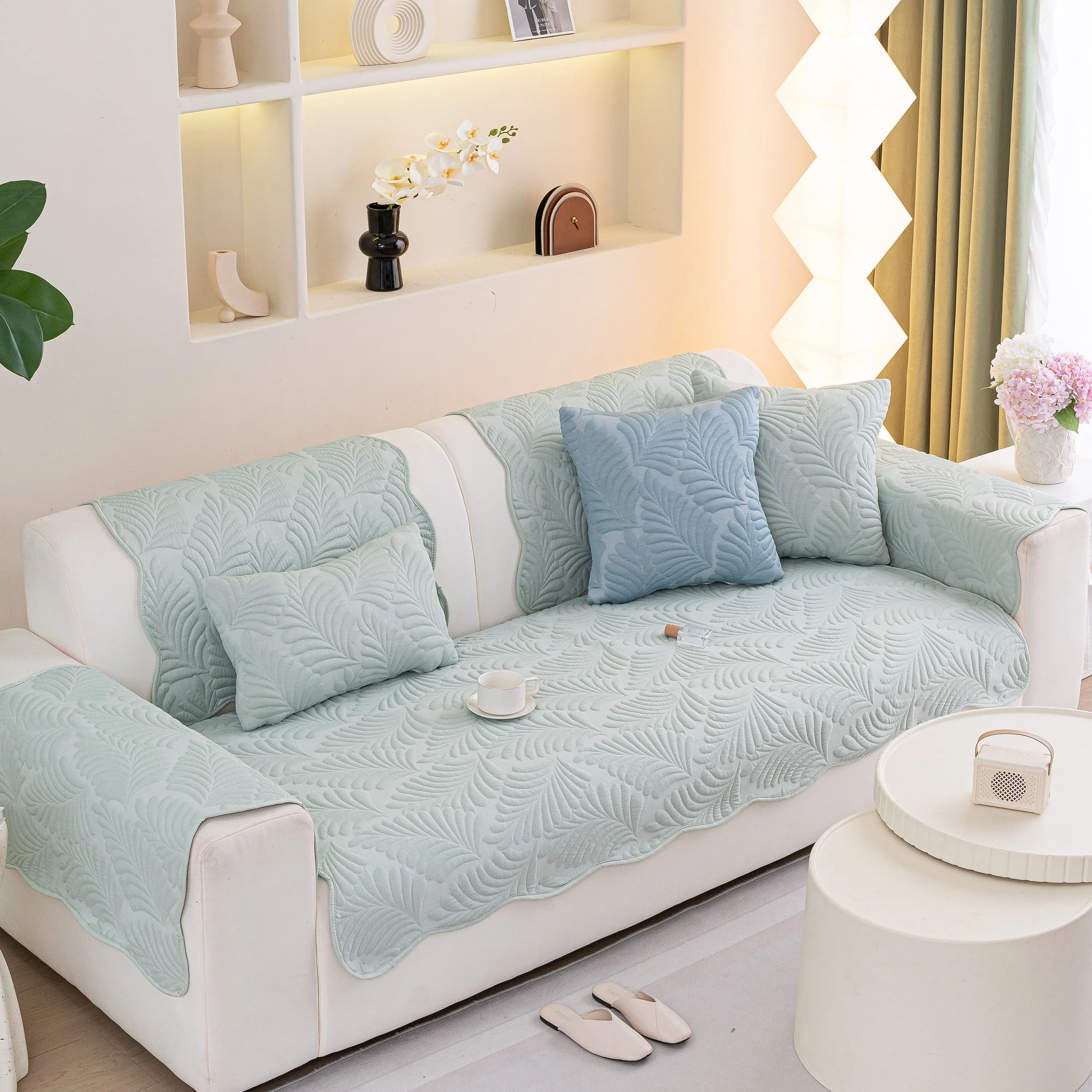 Sofa Cover for Leather & Fabric Couches, 3D Leaf Embossed Quilted Furniture Covers - Image 79
