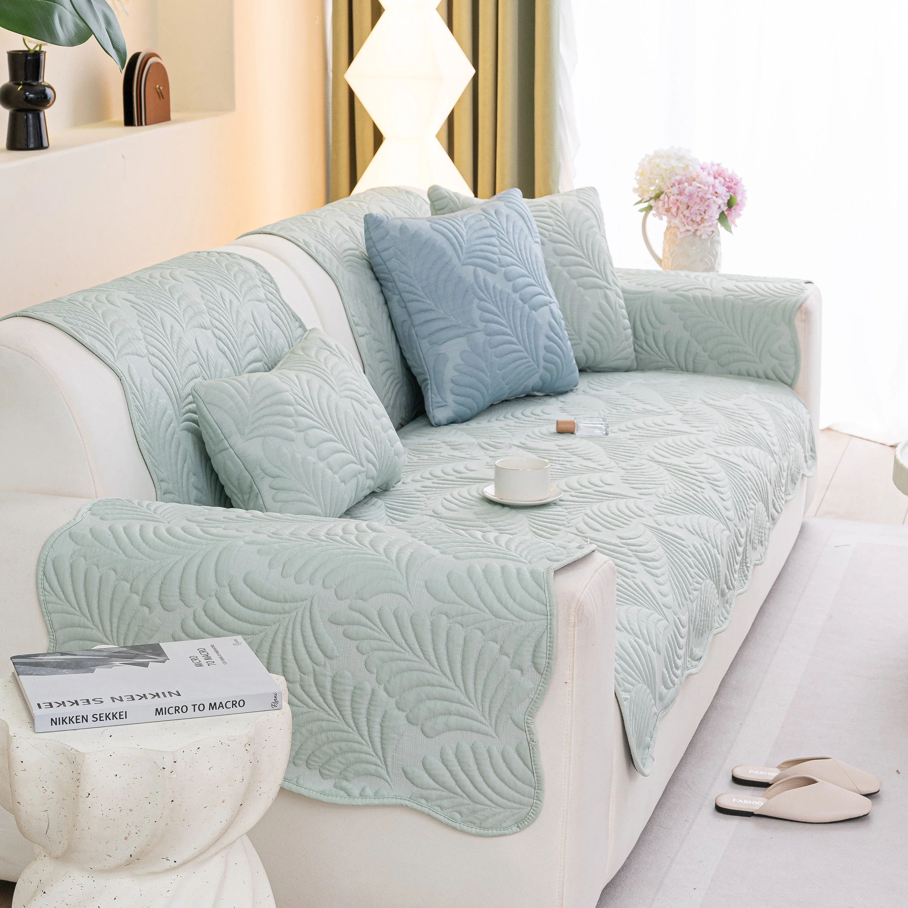 Sofa Cover for Leather & Fabric Couches, 3D Leaf Embossed Quilted Furniture Covers - Image 80
