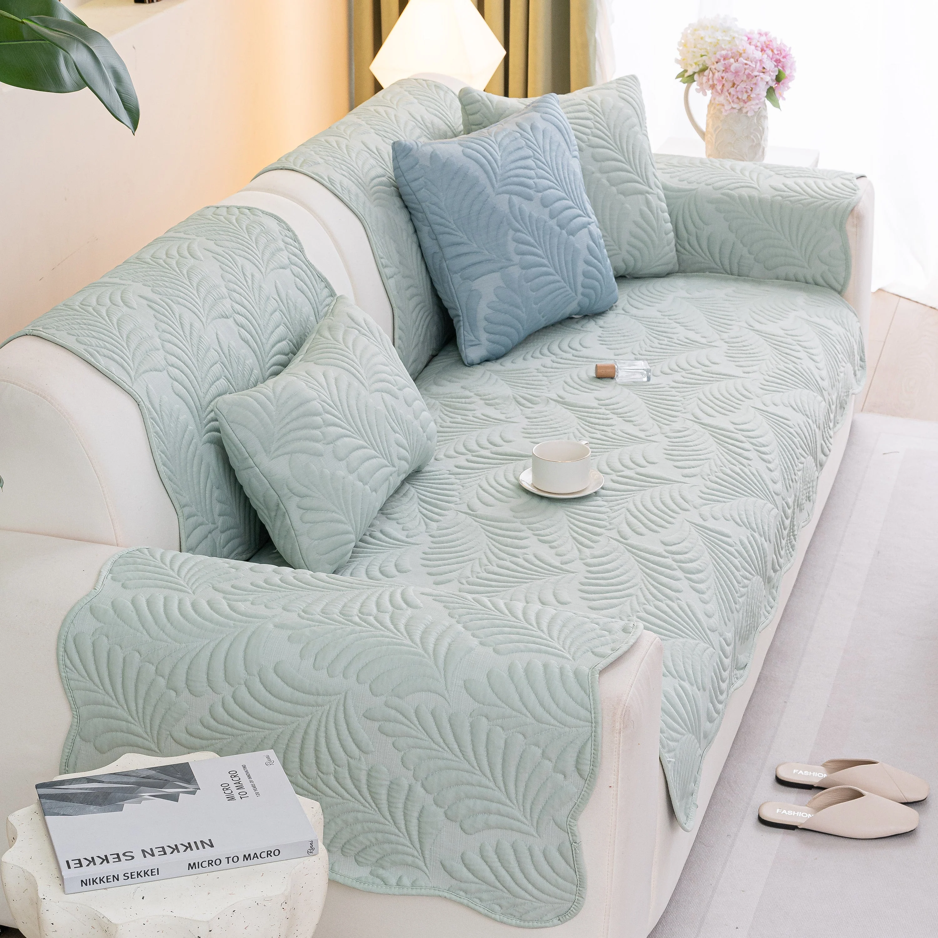 Sofa Cover for Leather & Fabric Couches, 3D Leaf Embossed Quilted Furniture Covers - Image 81