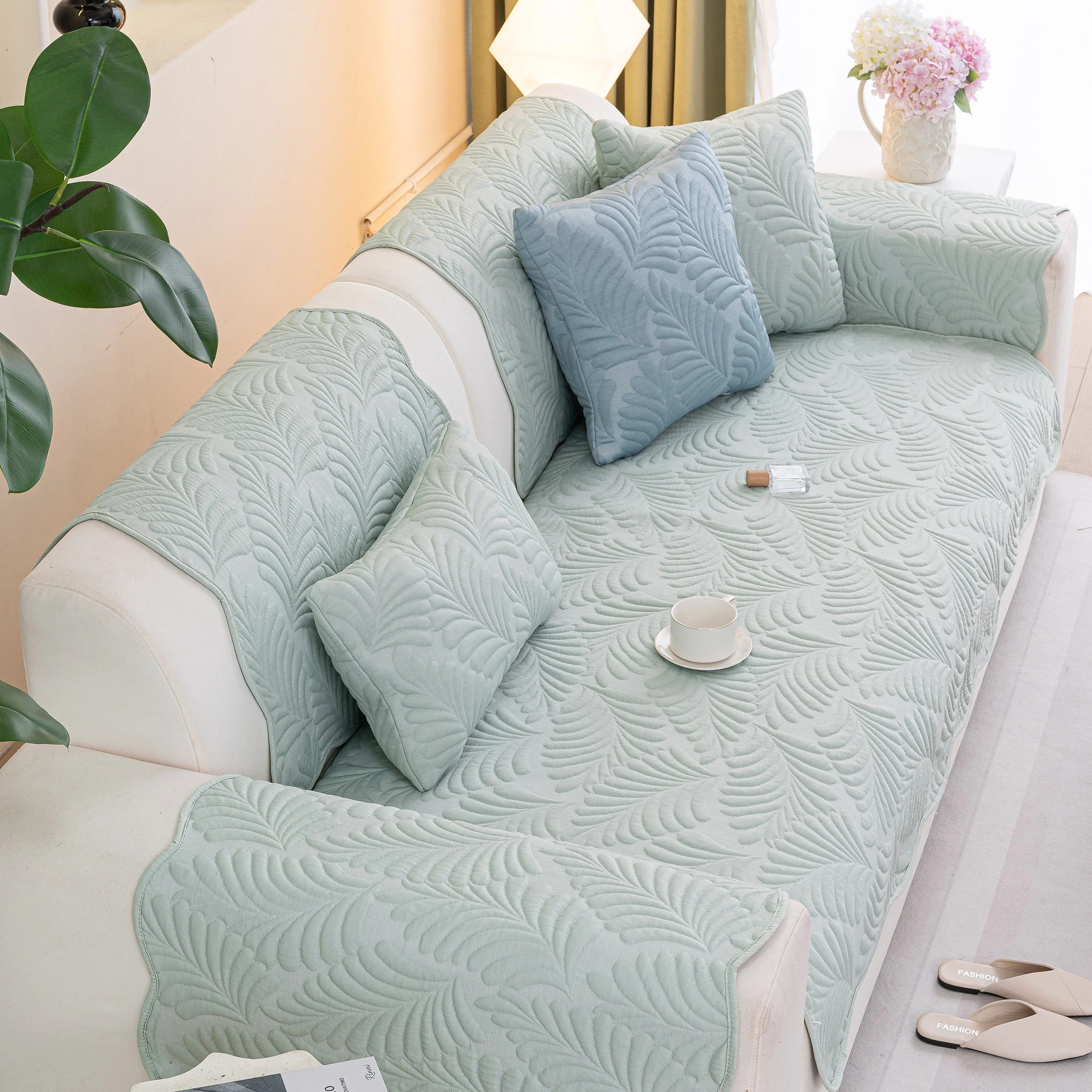 Sofa Cover for Leather & Fabric Couches, 3D Leaf Embossed Quilted Furniture Covers - Image 82