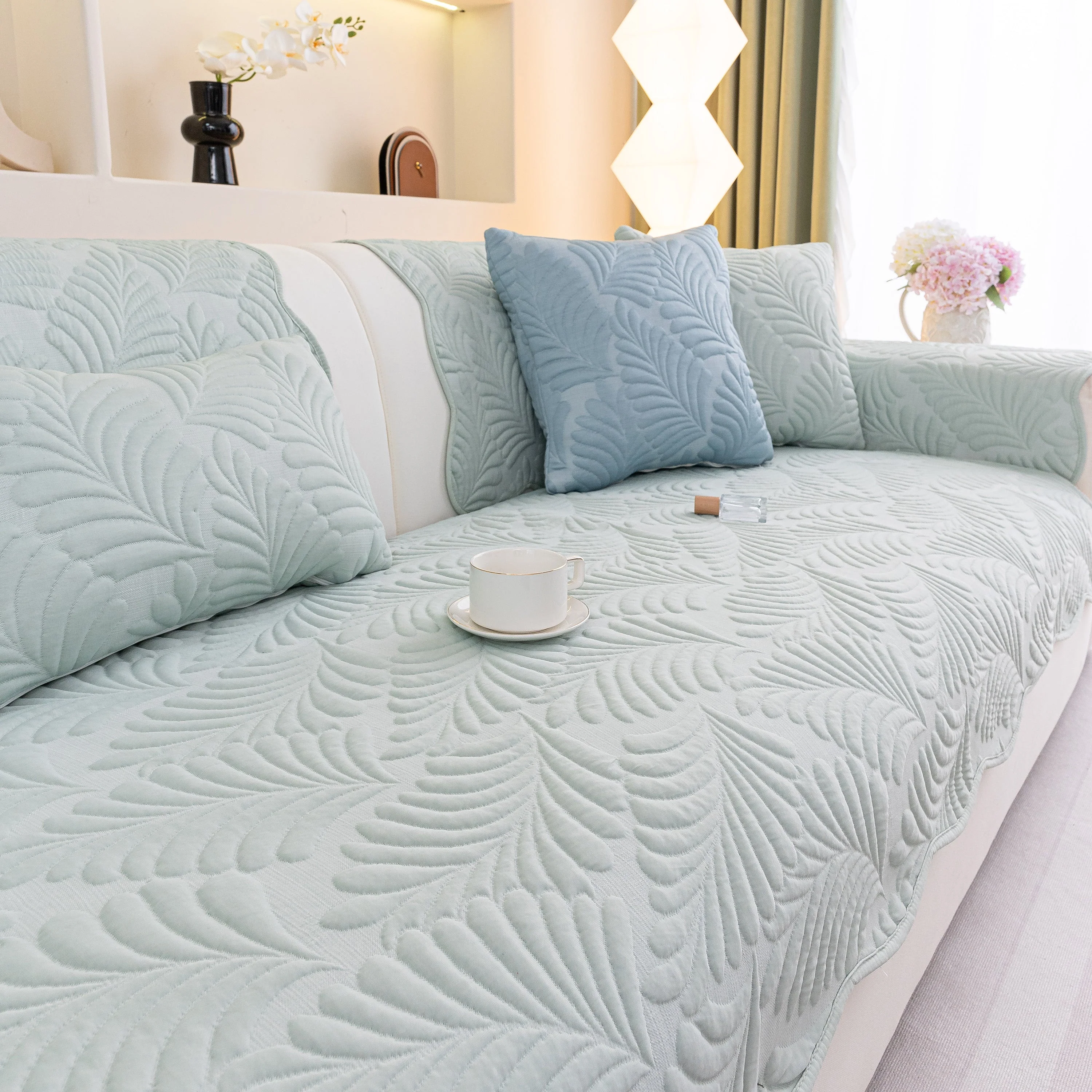 Sofa Cover for Leather & Fabric Couches, 3D Leaf Embossed Quilted Furniture Covers - Image 84