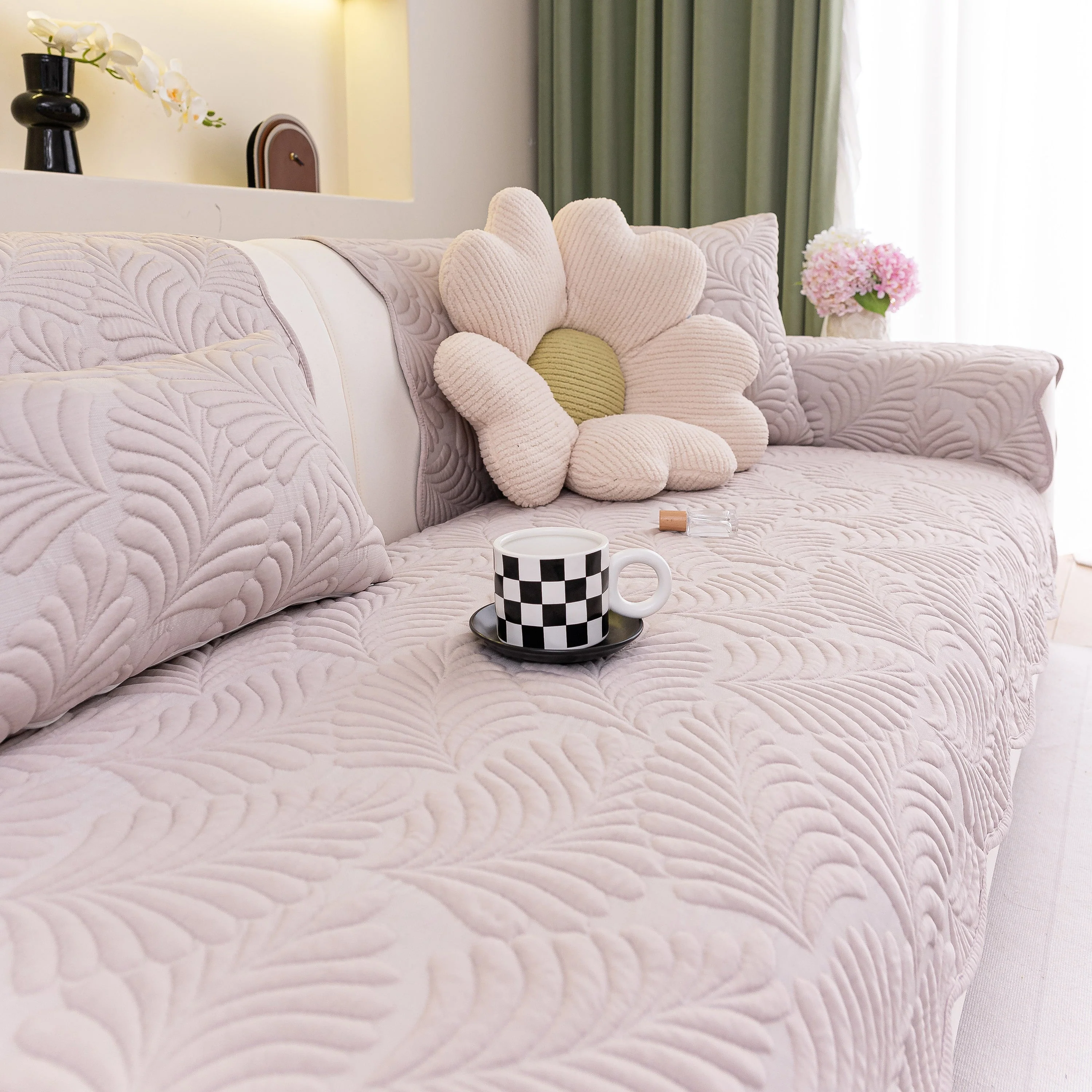 Sofa Cover for Leather & Fabric Couches, 3D Leaf Embossed Quilted Furniture Covers - Image 85
