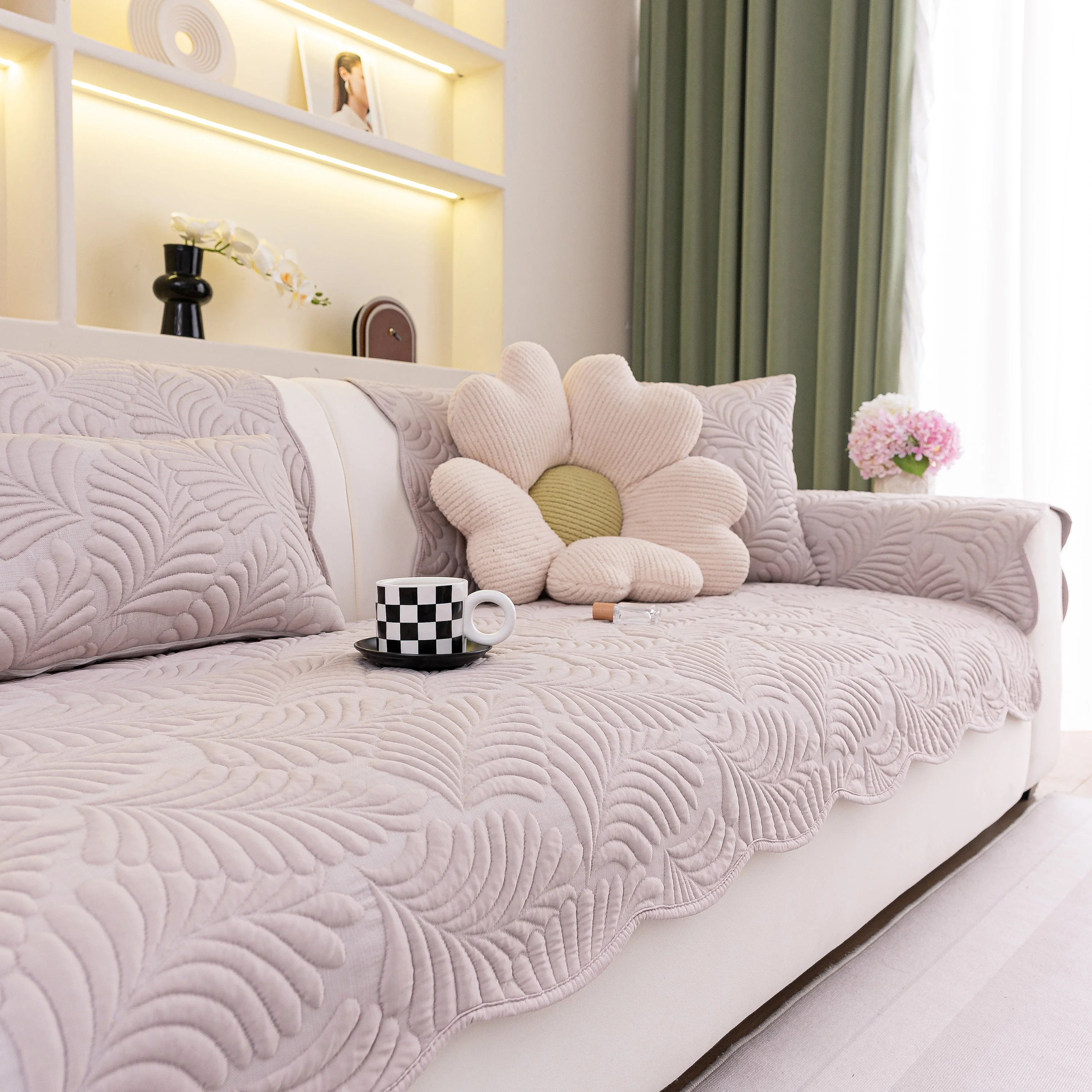 Sofa Cover for Leather & Fabric Couches, 3D Leaf Embossed Quilted Furniture Covers - Image 87