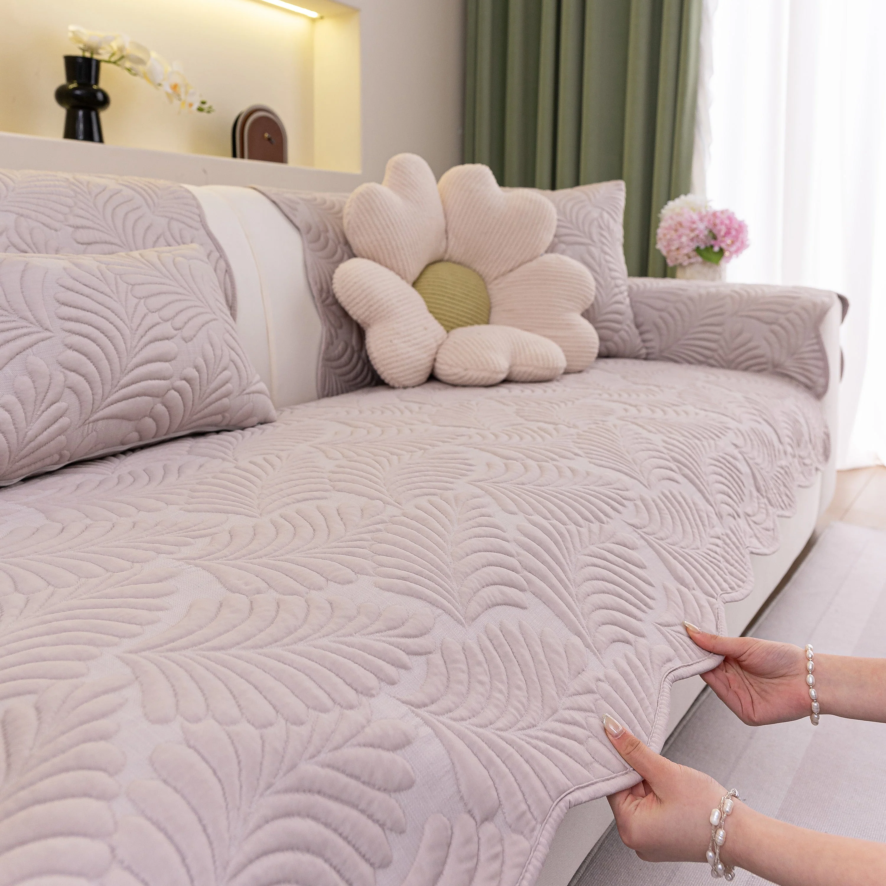 Sofa Cover for Leather & Fabric Couches, 3D Leaf Embossed Quilted Furniture Covers - Image 89