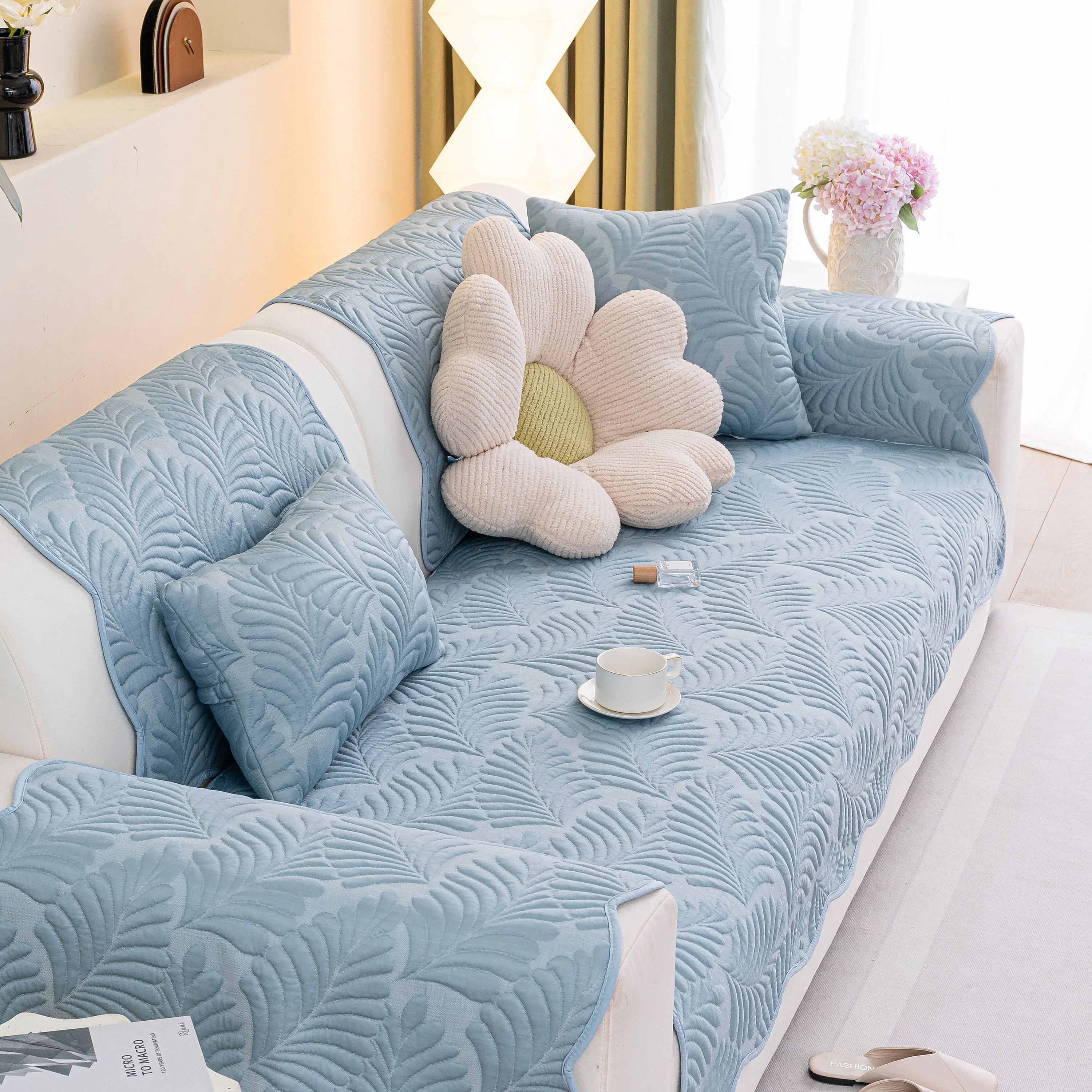 Sofa Cover for Leather & Fabric Couches, 3D Leaf Embossed Quilted Furniture Covers - Image 9