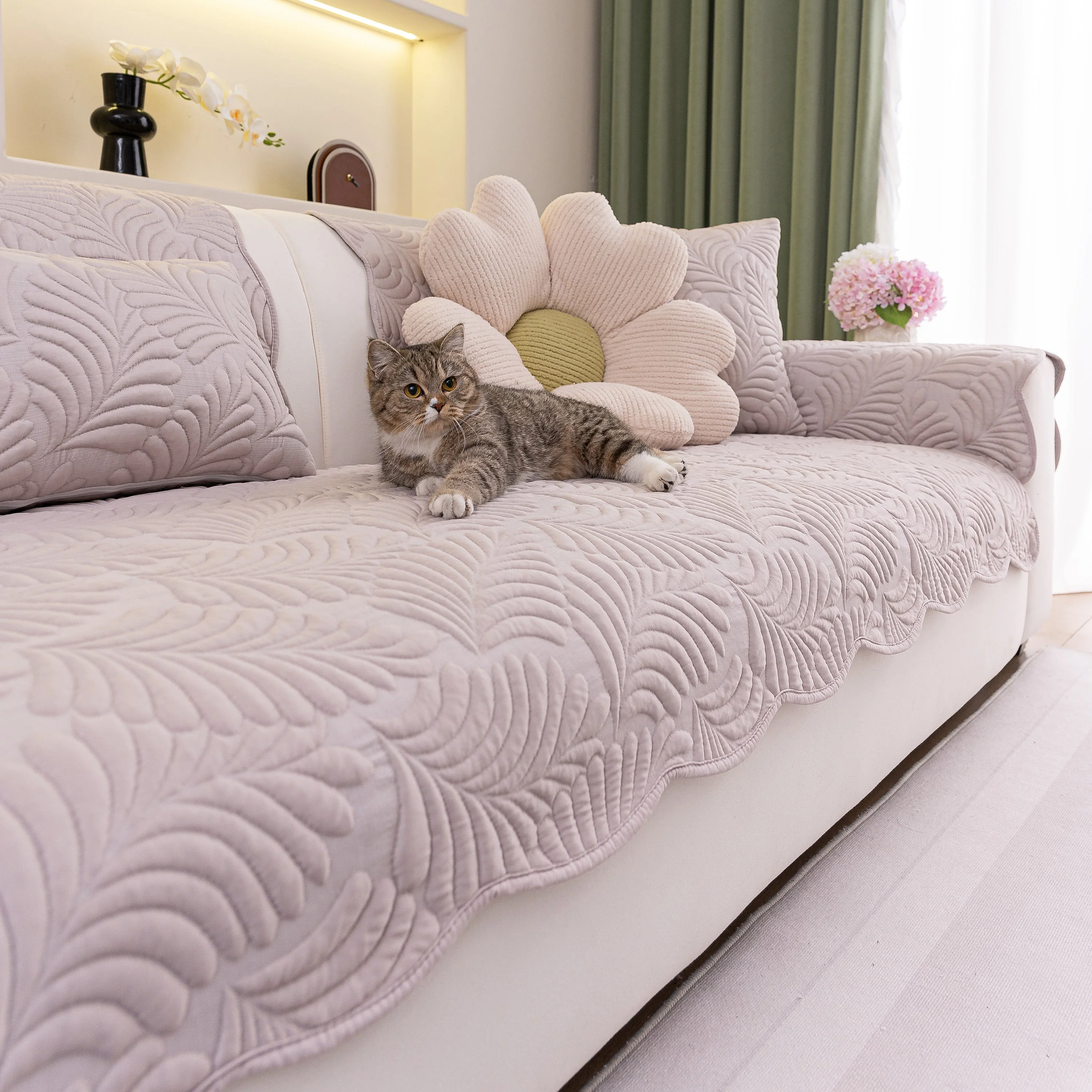 Sofa Cover for Leather & Fabric Couches, 3D Leaf Embossed Quilted Furniture Covers - Image 90