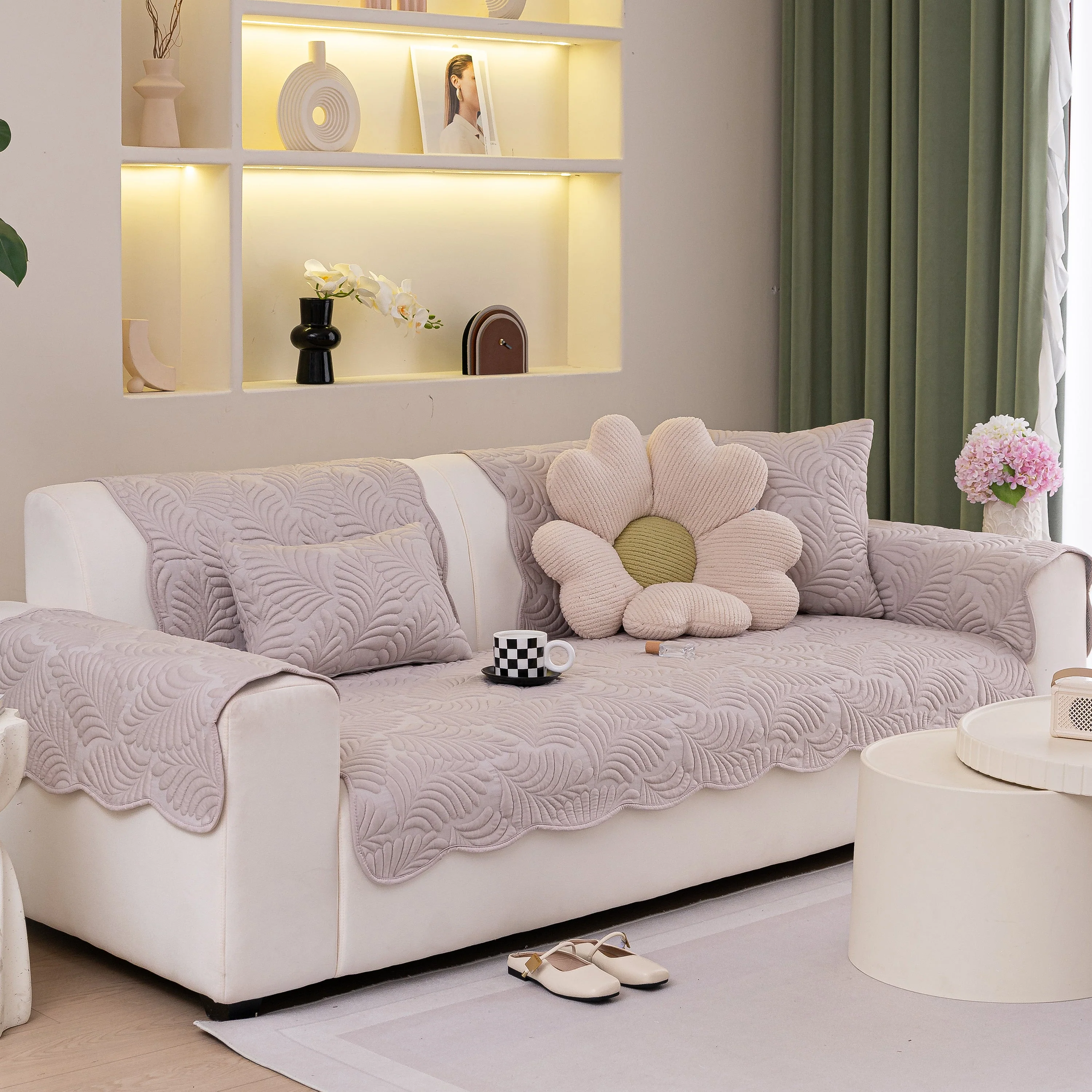 Sofa Cover for Leather & Fabric Couches, 3D Leaf Embossed Quilted Furniture Covers - Image 96