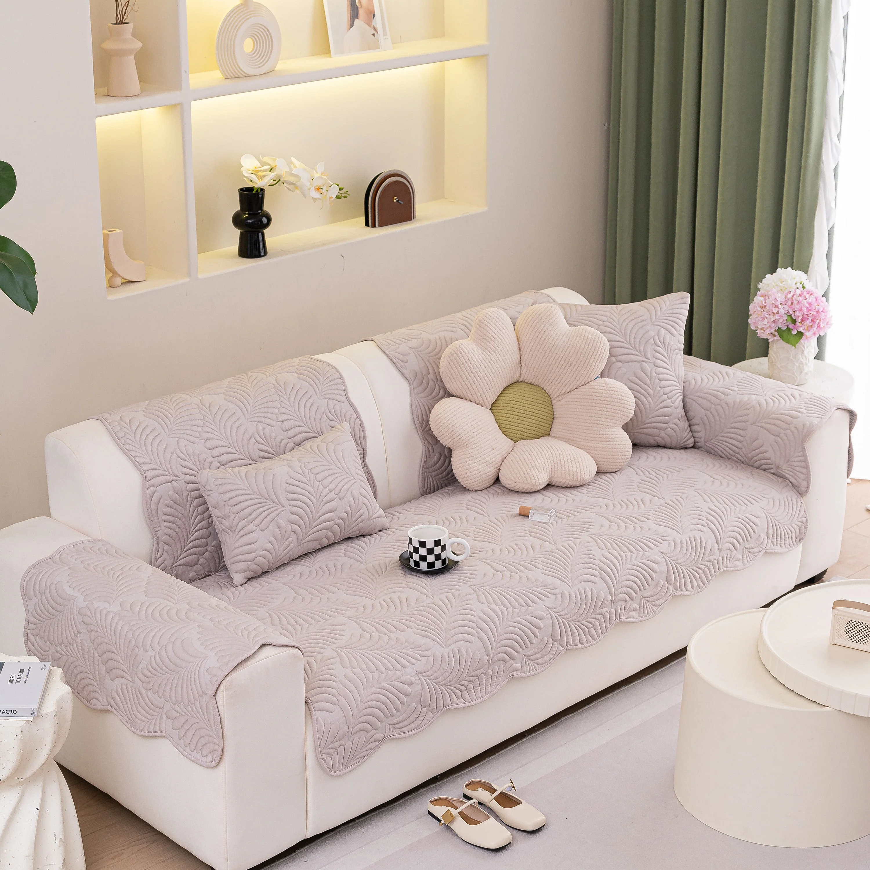 Sofa Cover for Leather & Fabric Couches, 3D Leaf Embossed Quilted Furniture Covers - Image 97