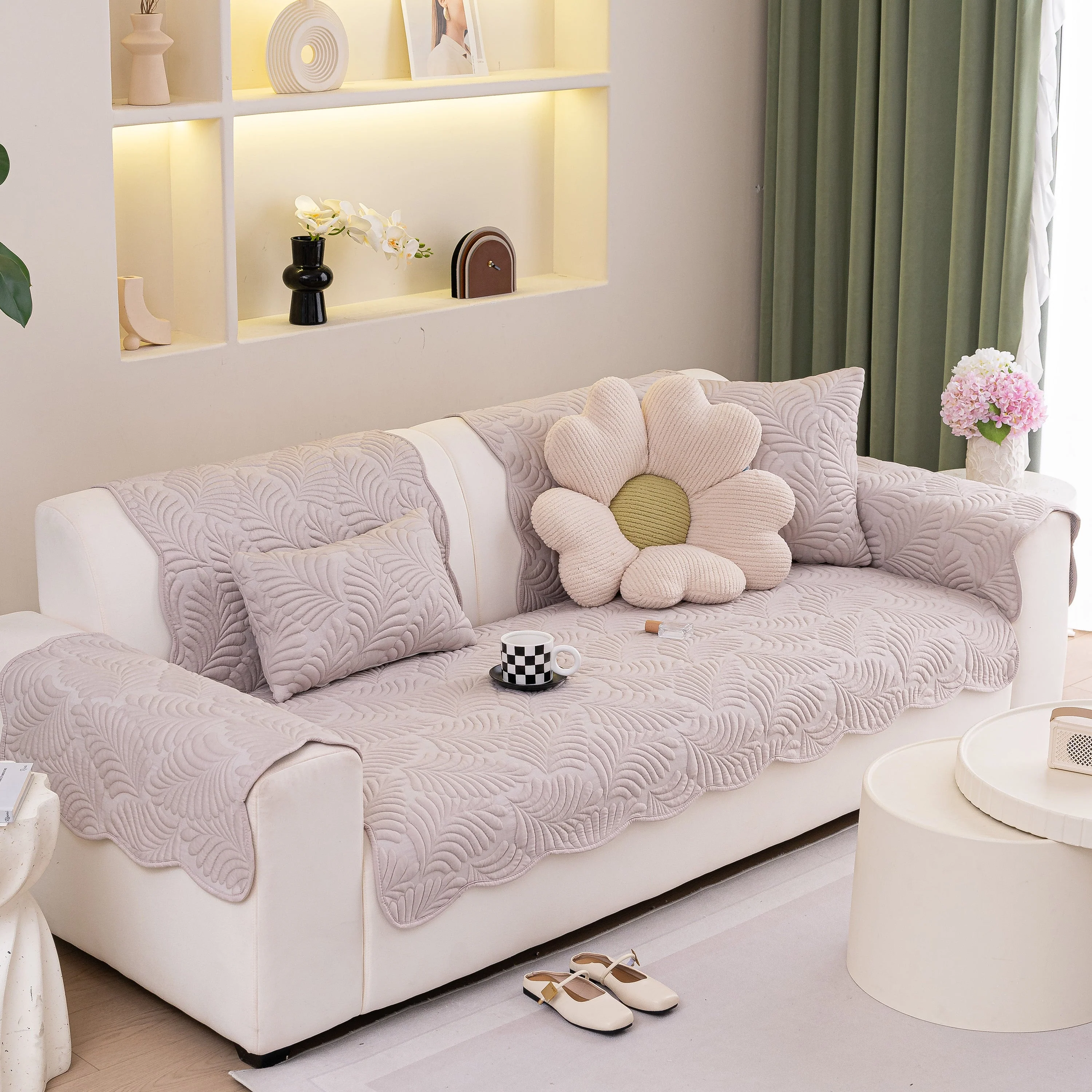 Sofa Cover for Leather & Fabric Couches, 3D Leaf Embossed Quilted Furniture Covers - Image 98