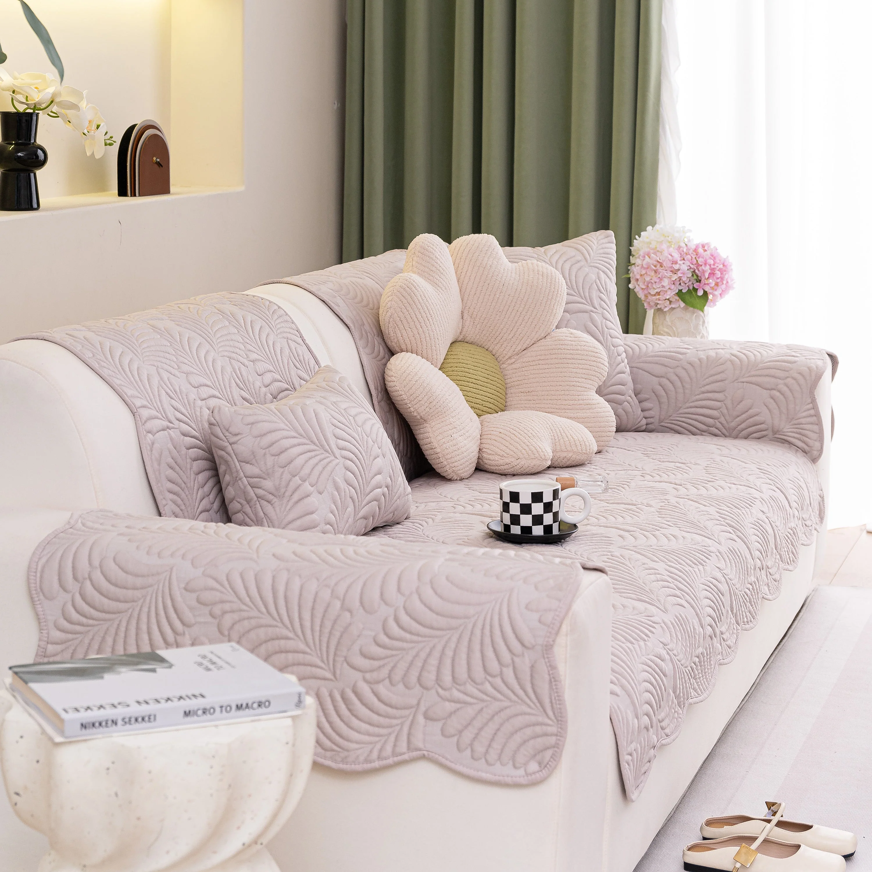 Sofa Cover for Leather & Fabric Couches, 3D Leaf Embossed Quilted Furniture Covers - Image 99