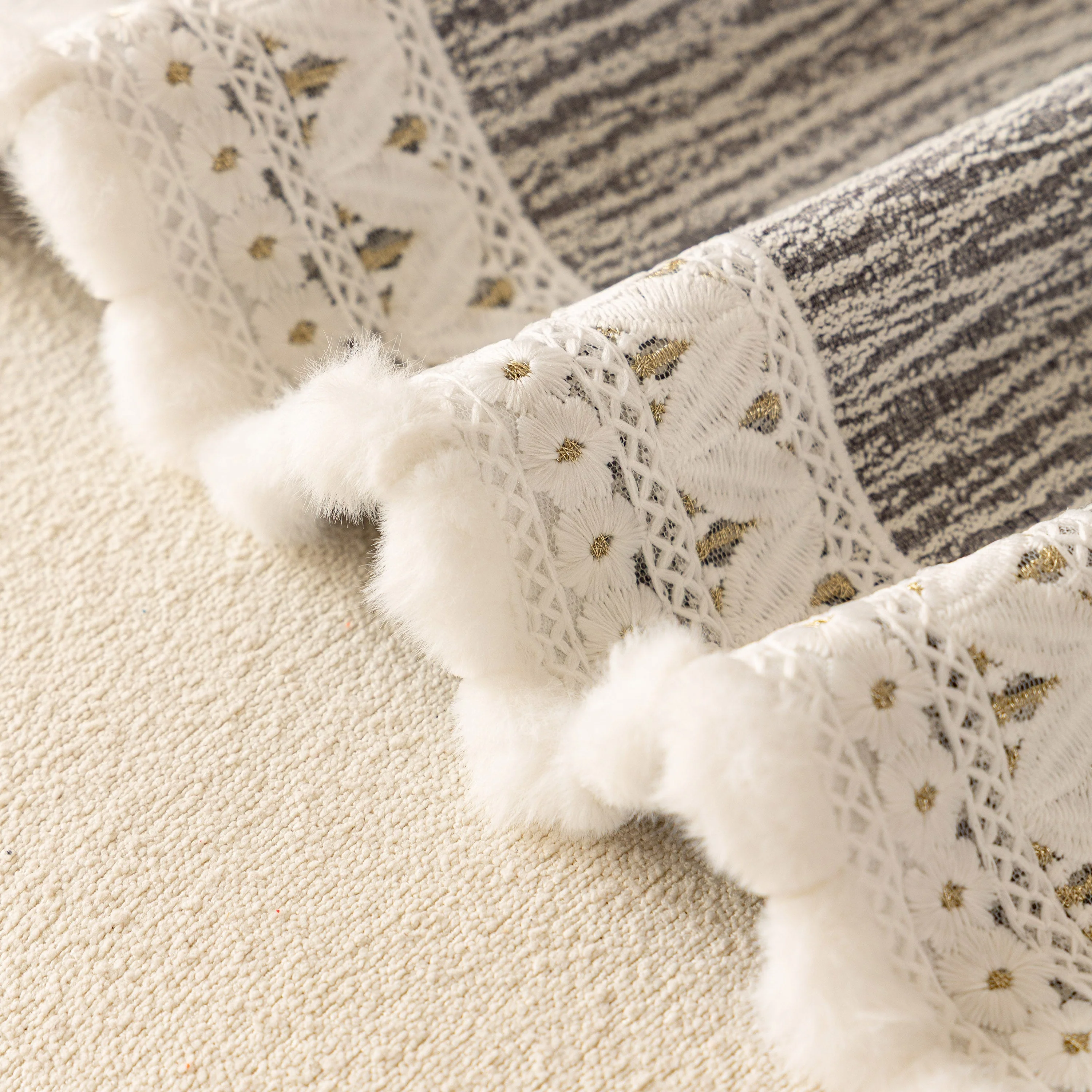 Sofa Cover Throw with Lace Trim & Pom-Pom Fringe, Decorative Couch Cover Blanket - Image 10