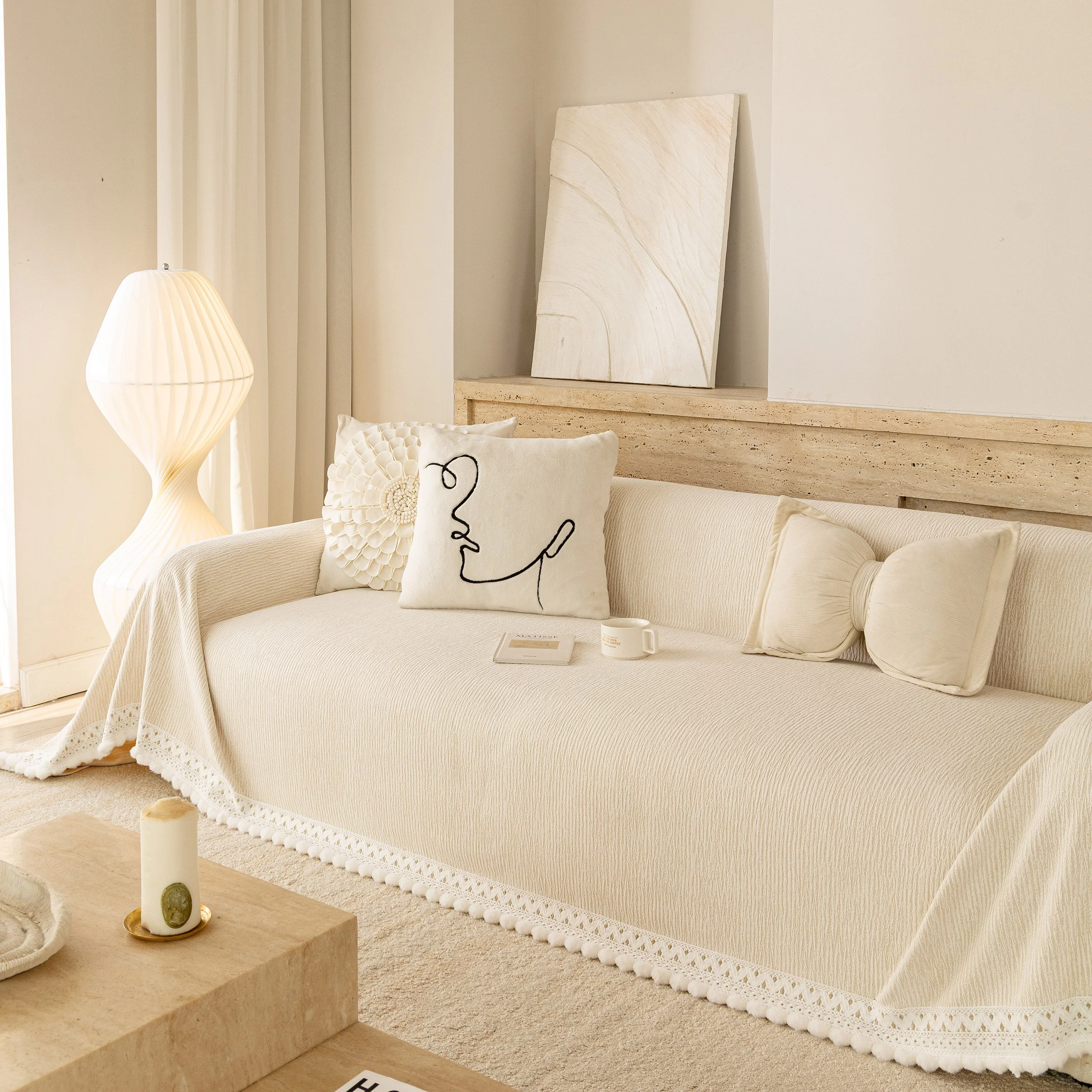 Sofa Cover Throw with Lace Trim & Pom-Pom Fringe, Decorative Couch Cover Blanket - Image 100