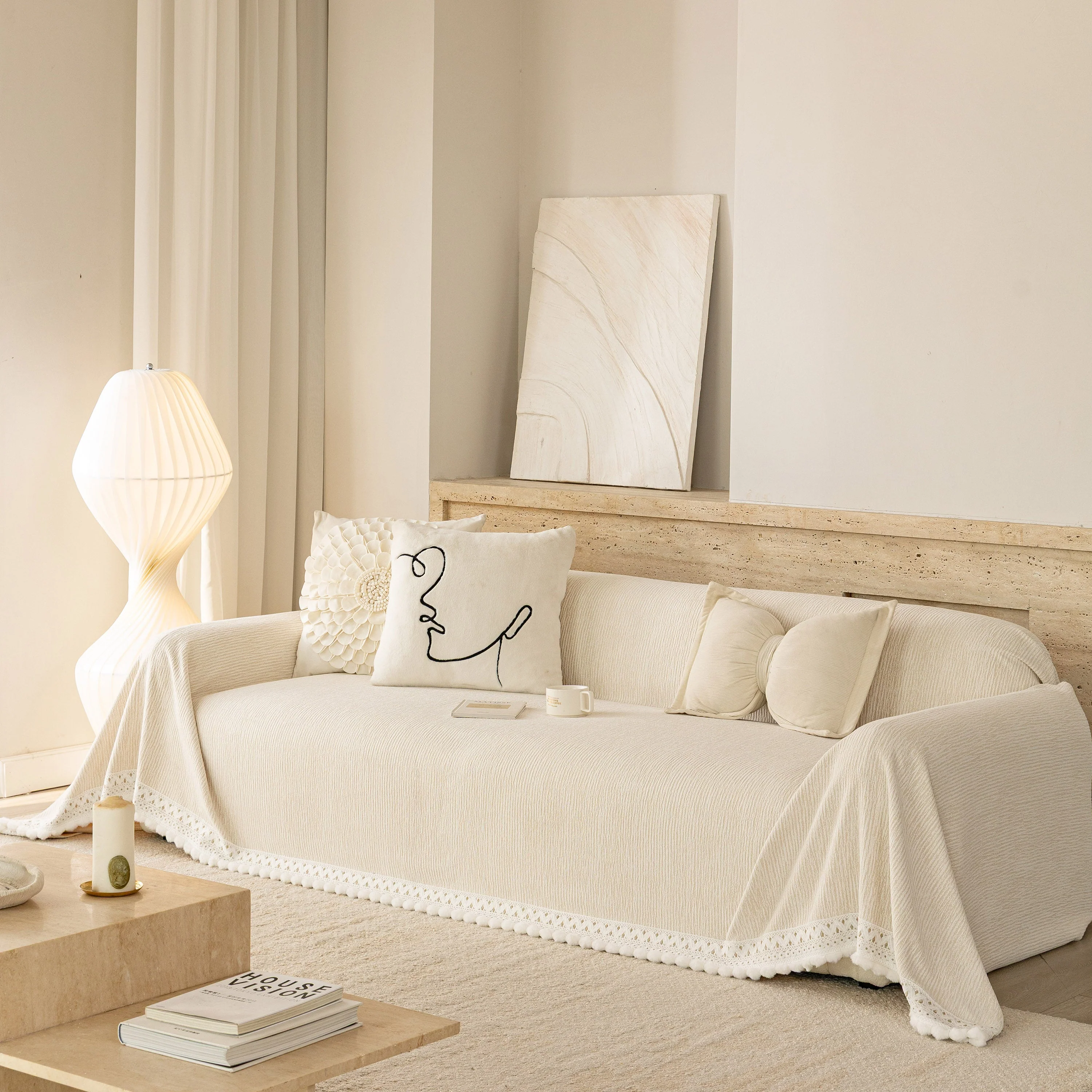Sofa Cover Throw with Lace Trim & Pom-Pom Fringe, Decorative Couch Cover Blanket - Image 101