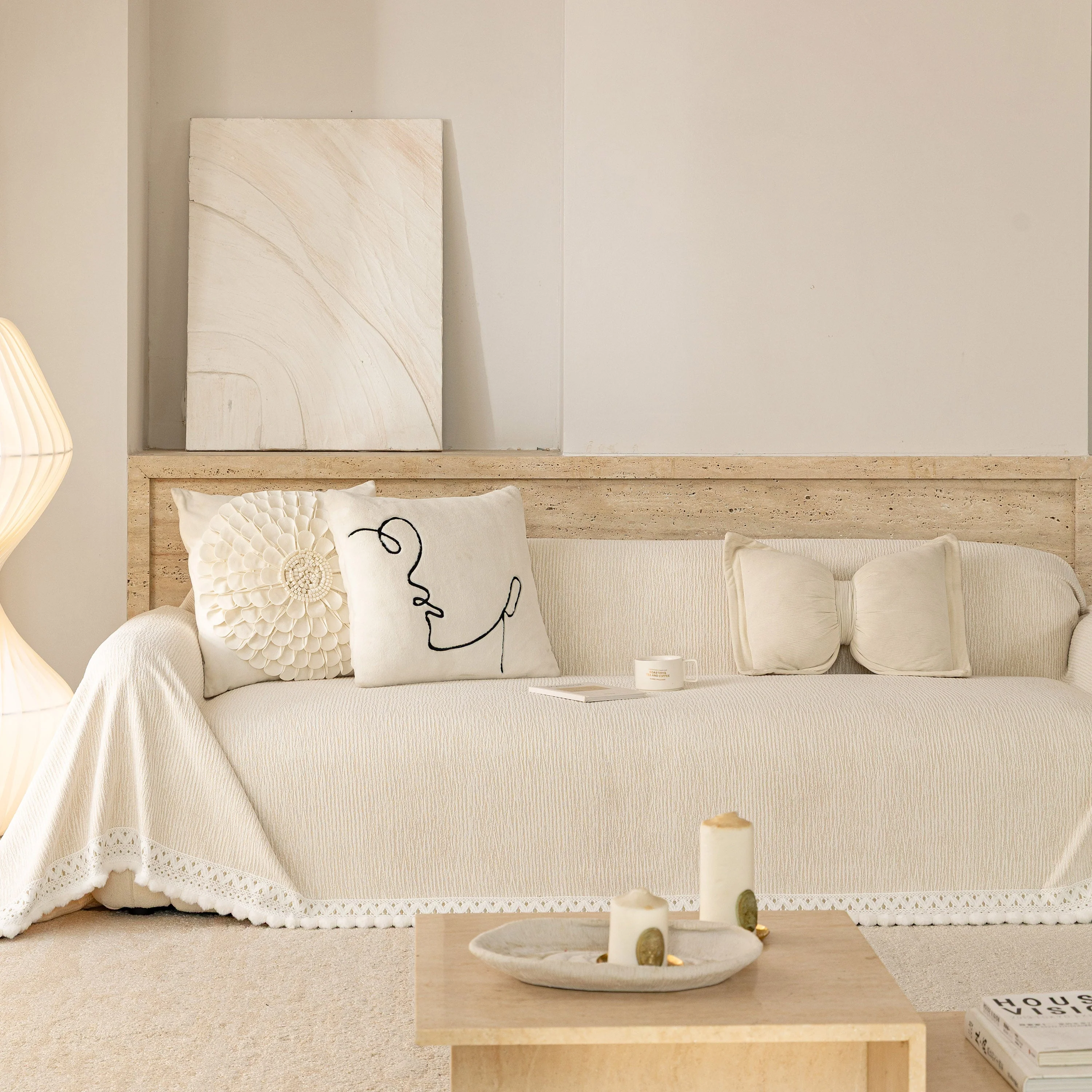 Sofa Cover Throw with Lace Trim & Pom-Pom Fringe, Decorative Couch Cover Blanket - Image 102