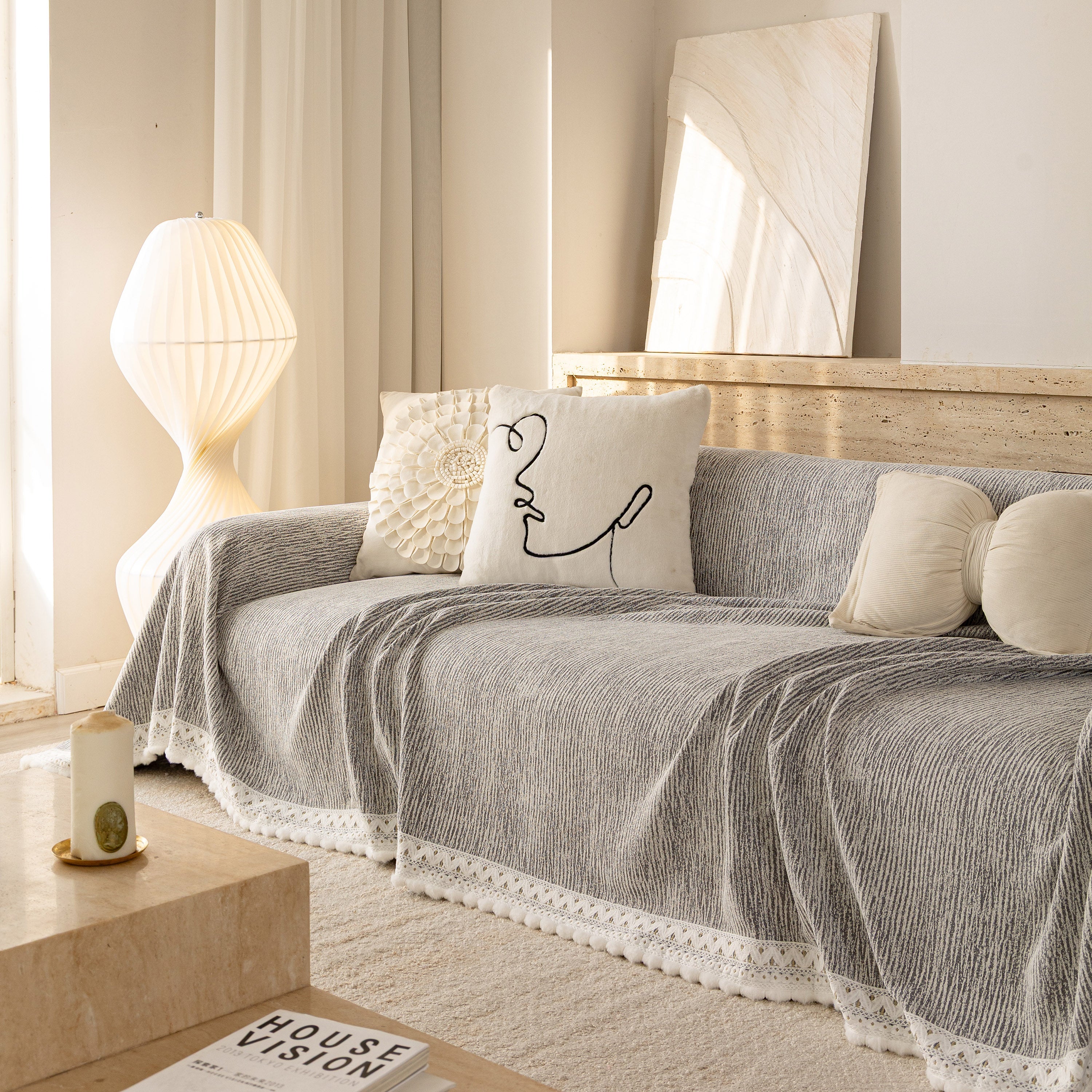 Sofa Cover Throw with Lace Trim & Pom-Pom Fringe, Decorative Couch Cover Blanket - Image 13
