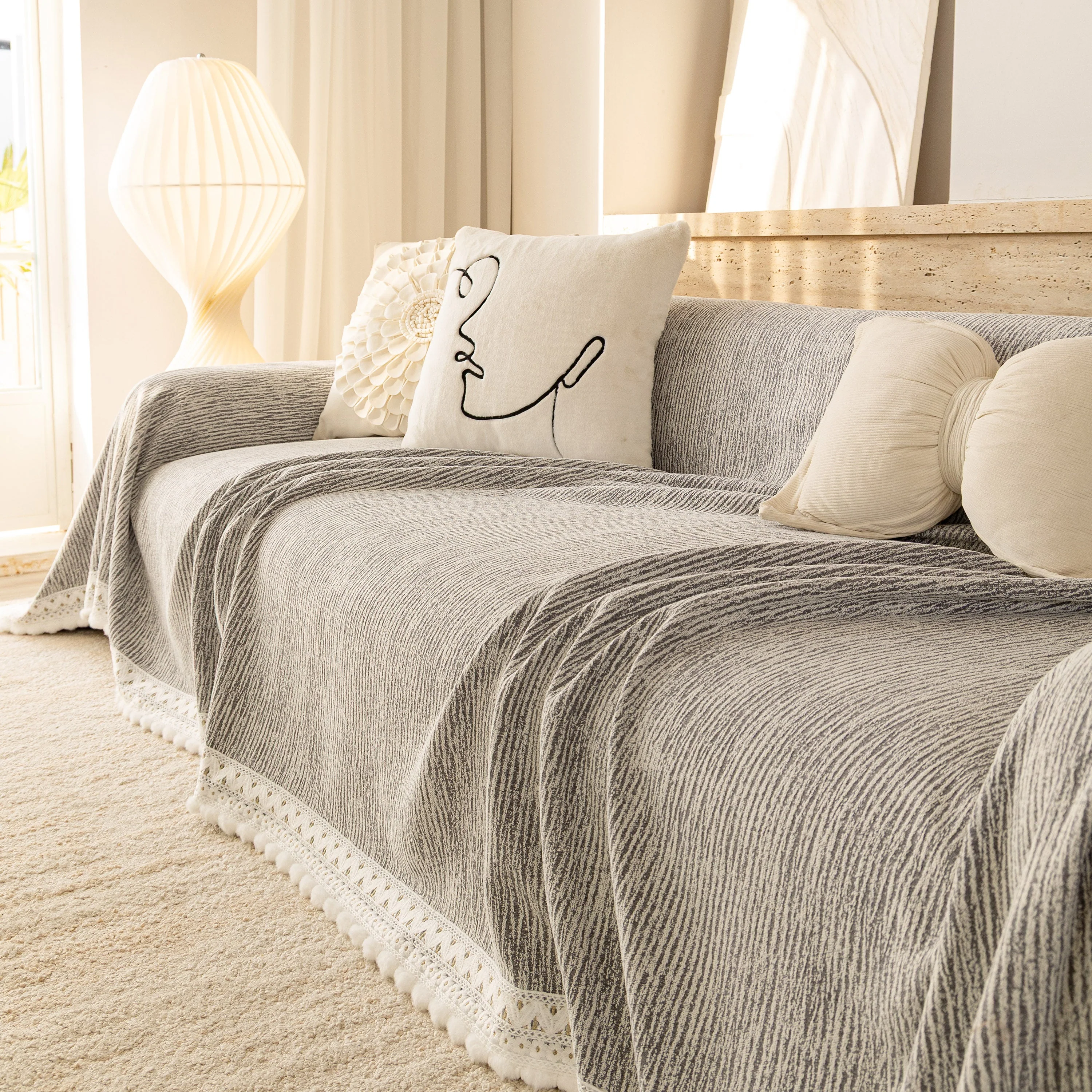 Sofa Cover Throw with Lace Trim & Pom-Pom Fringe, Decorative Couch Cover Blanket - Image 14