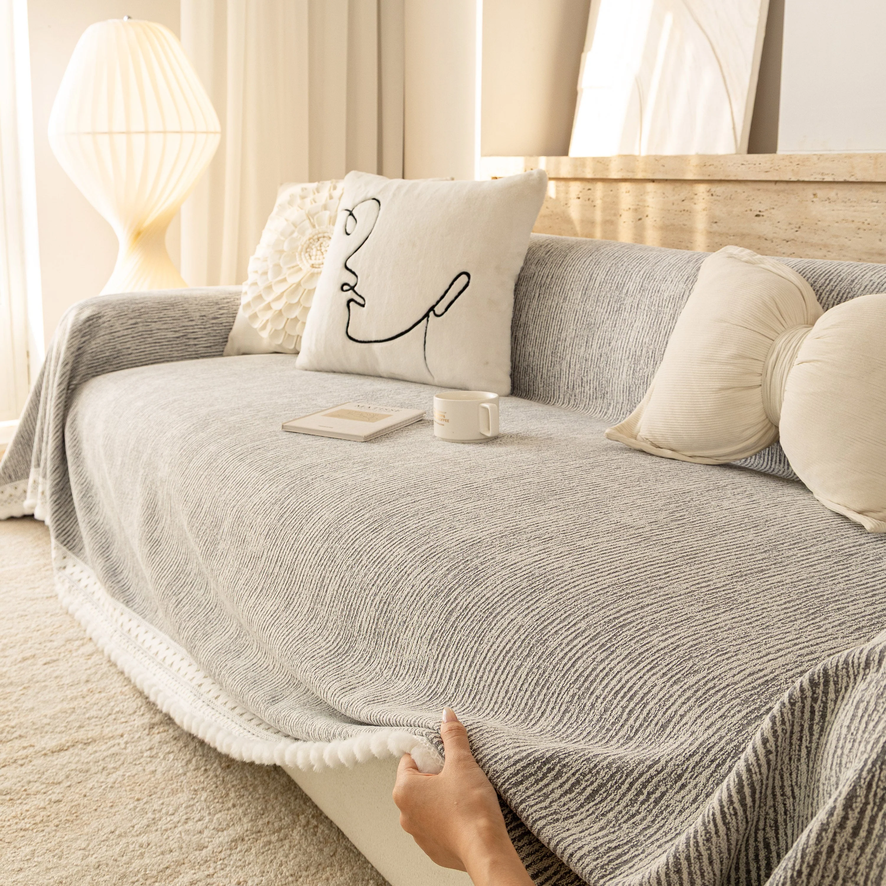 Sofa Cover Throw with Lace Trim & Pom-Pom Fringe, Decorative Couch Cover Blanket - Image 15