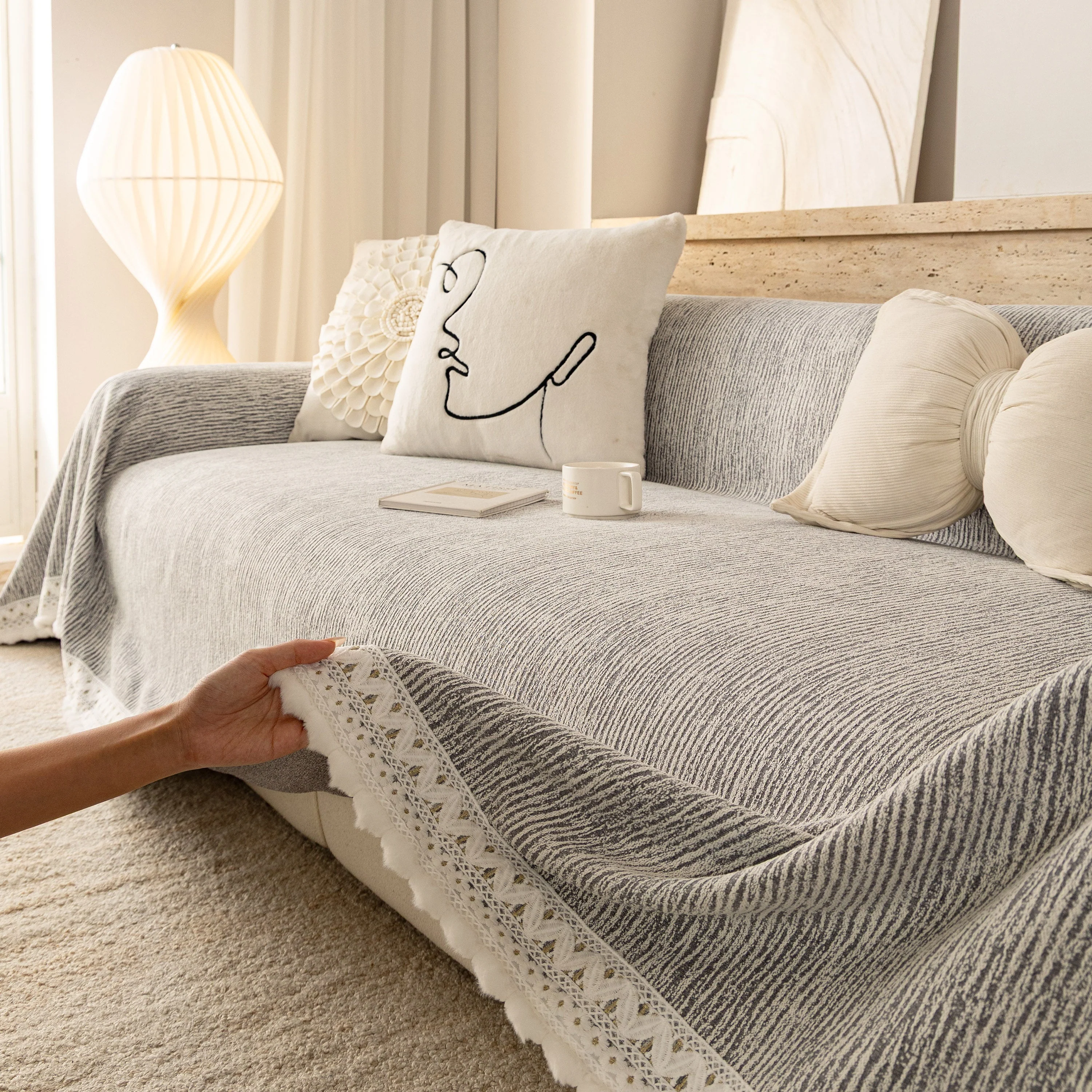 Sofa Cover Throw with Lace Trim & Pom-Pom Fringe, Decorative Couch Cover Blanket - Image 16