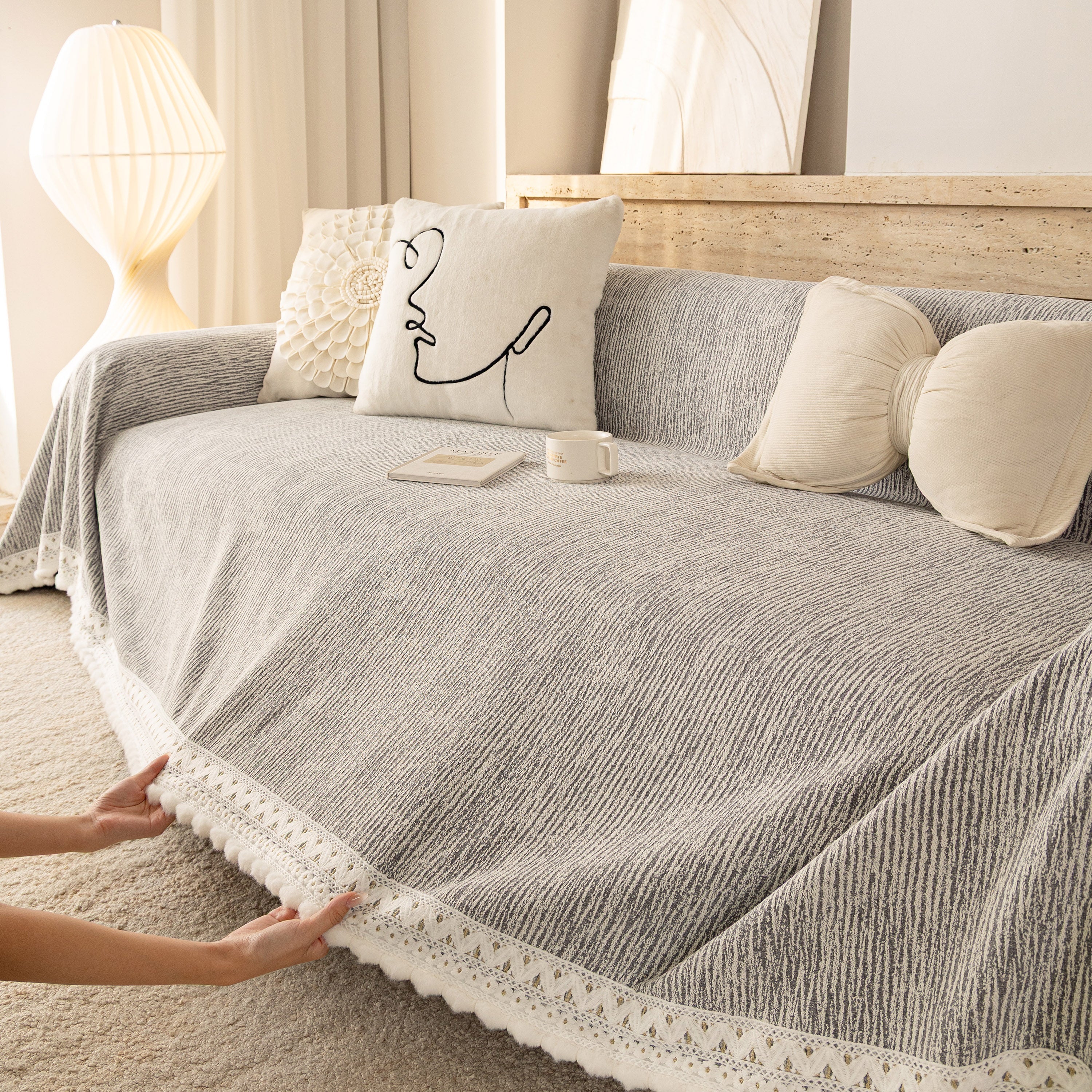 Sofa Cover Throw with Lace Trim & Pom-Pom Fringe, Decorative Couch Cover Blanket - Image 18