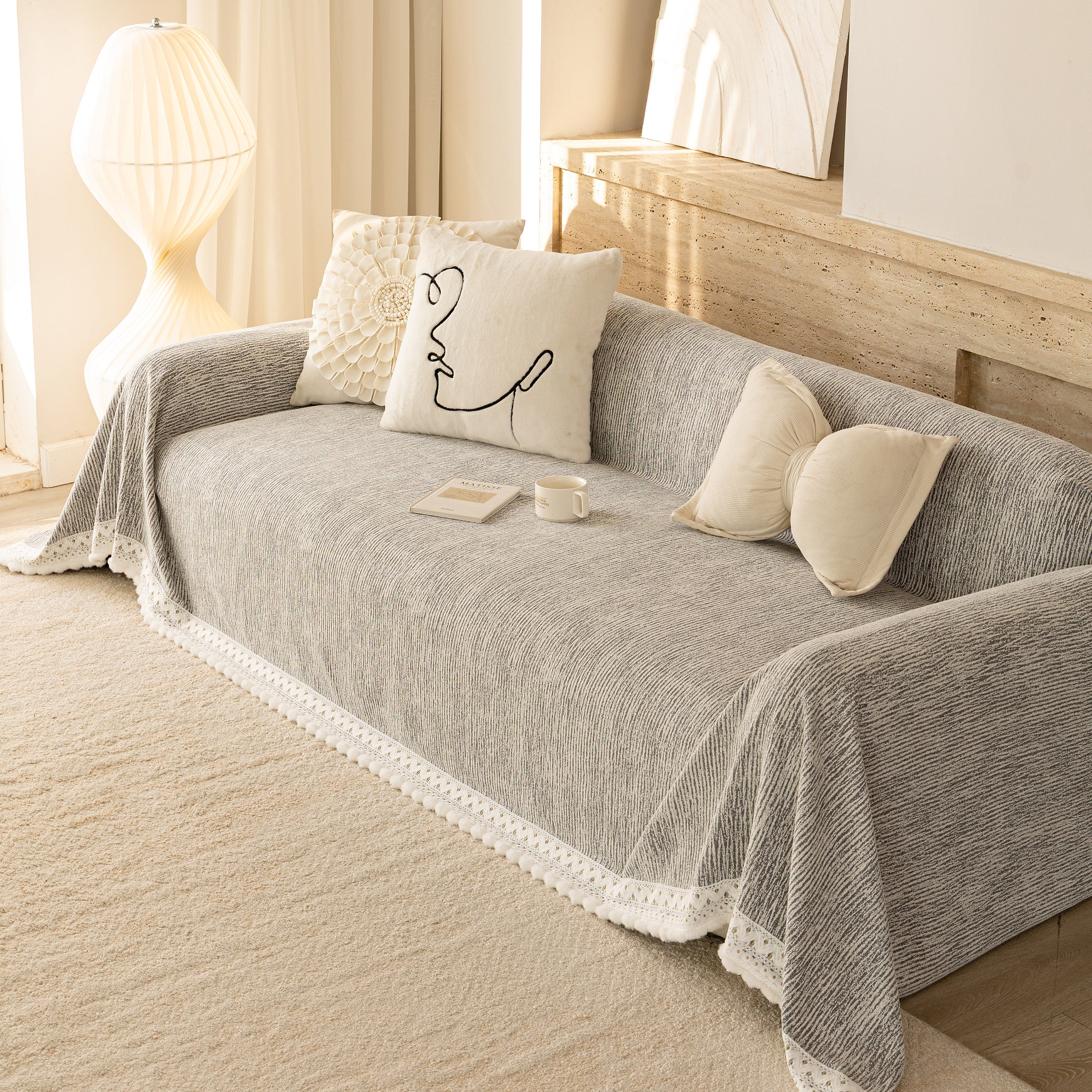 Sofa Cover Throw with Lace Trim & Pom-Pom Fringe, Decorative Couch Cover Blanket - Image 2