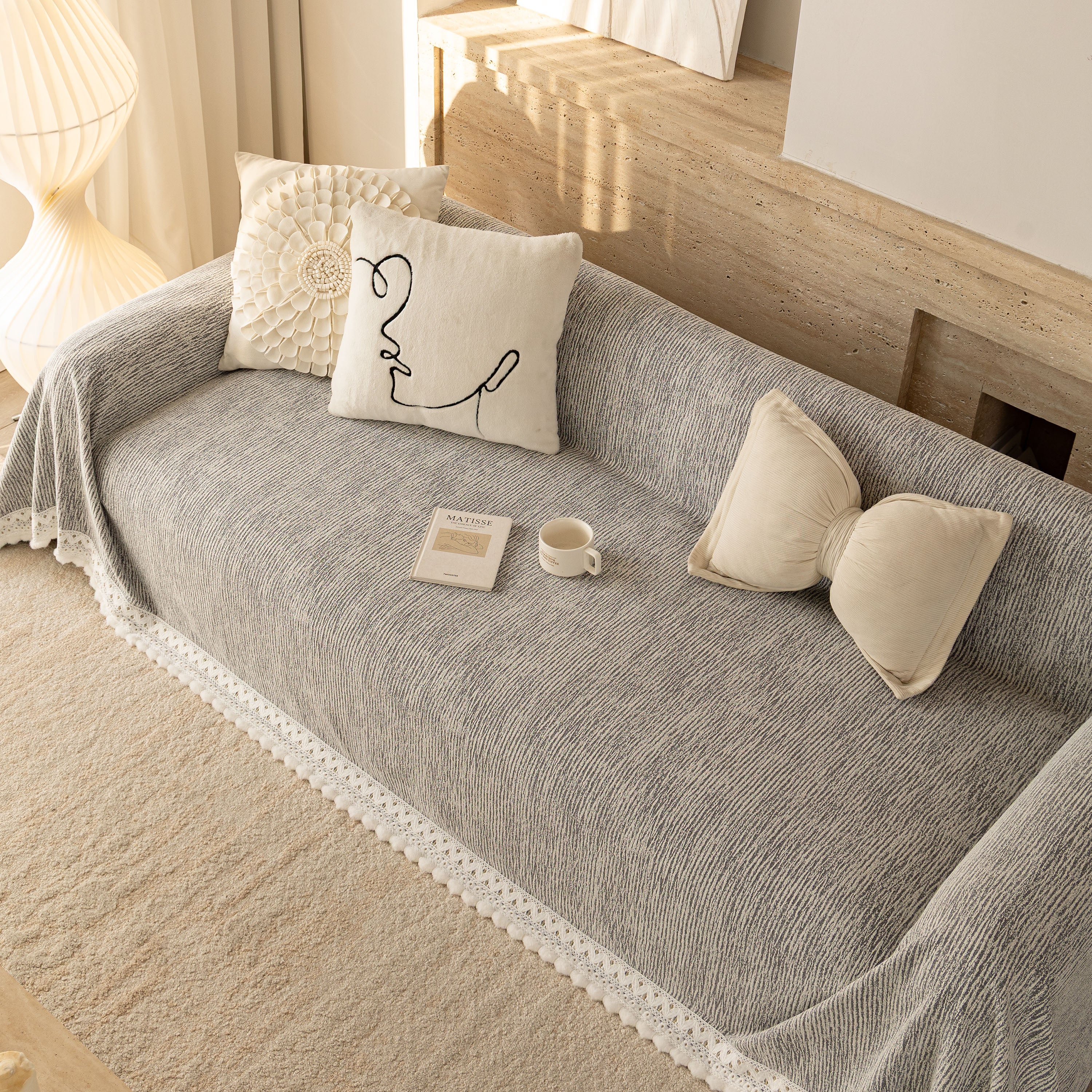 Sofa Cover Throw with Lace Trim & Pom-Pom Fringe, Decorative Couch Cover Blanket - Image 20