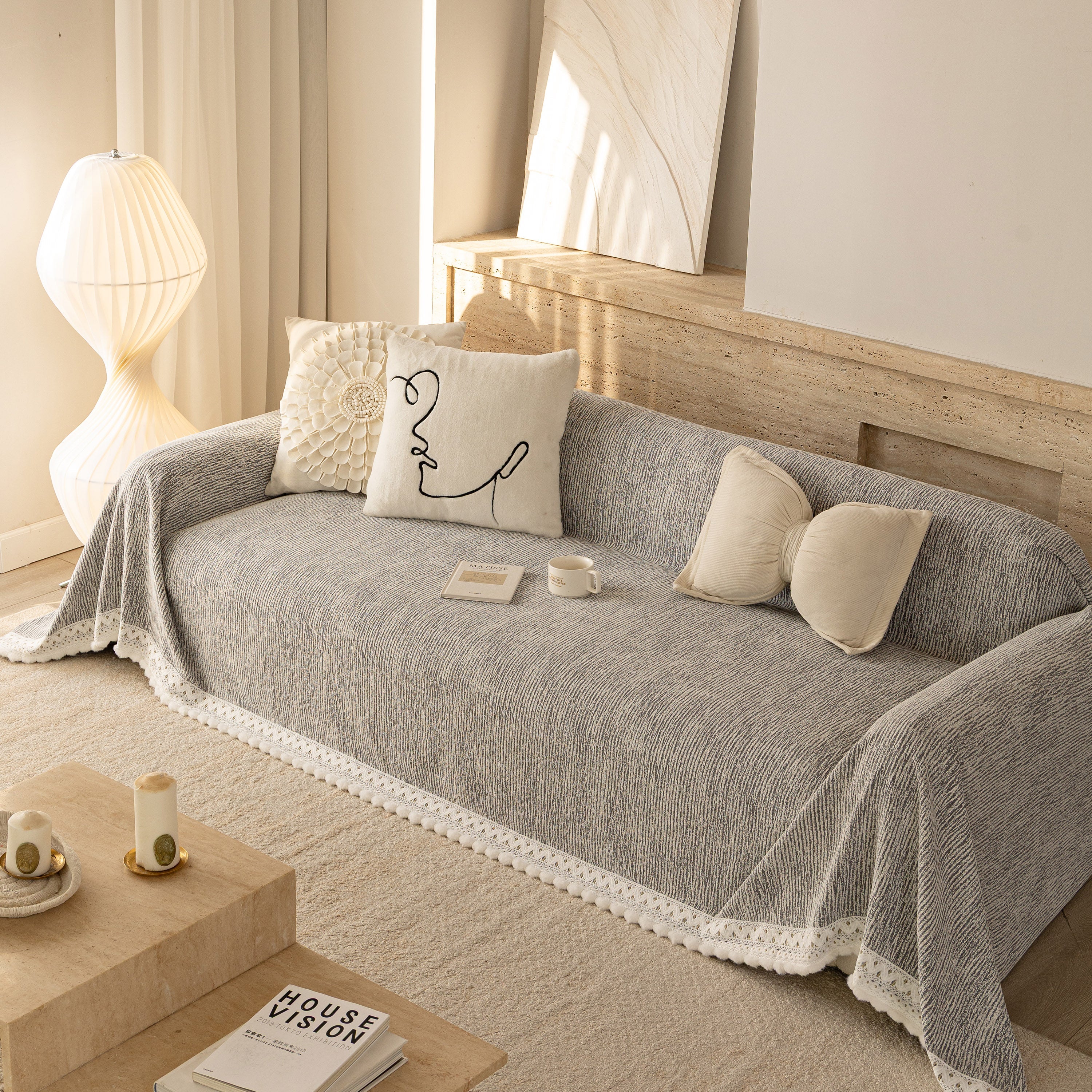 Sofa Cover Throw with Lace Trim & Pom-Pom Fringe, Decorative Couch Cover Blanket - Image 21