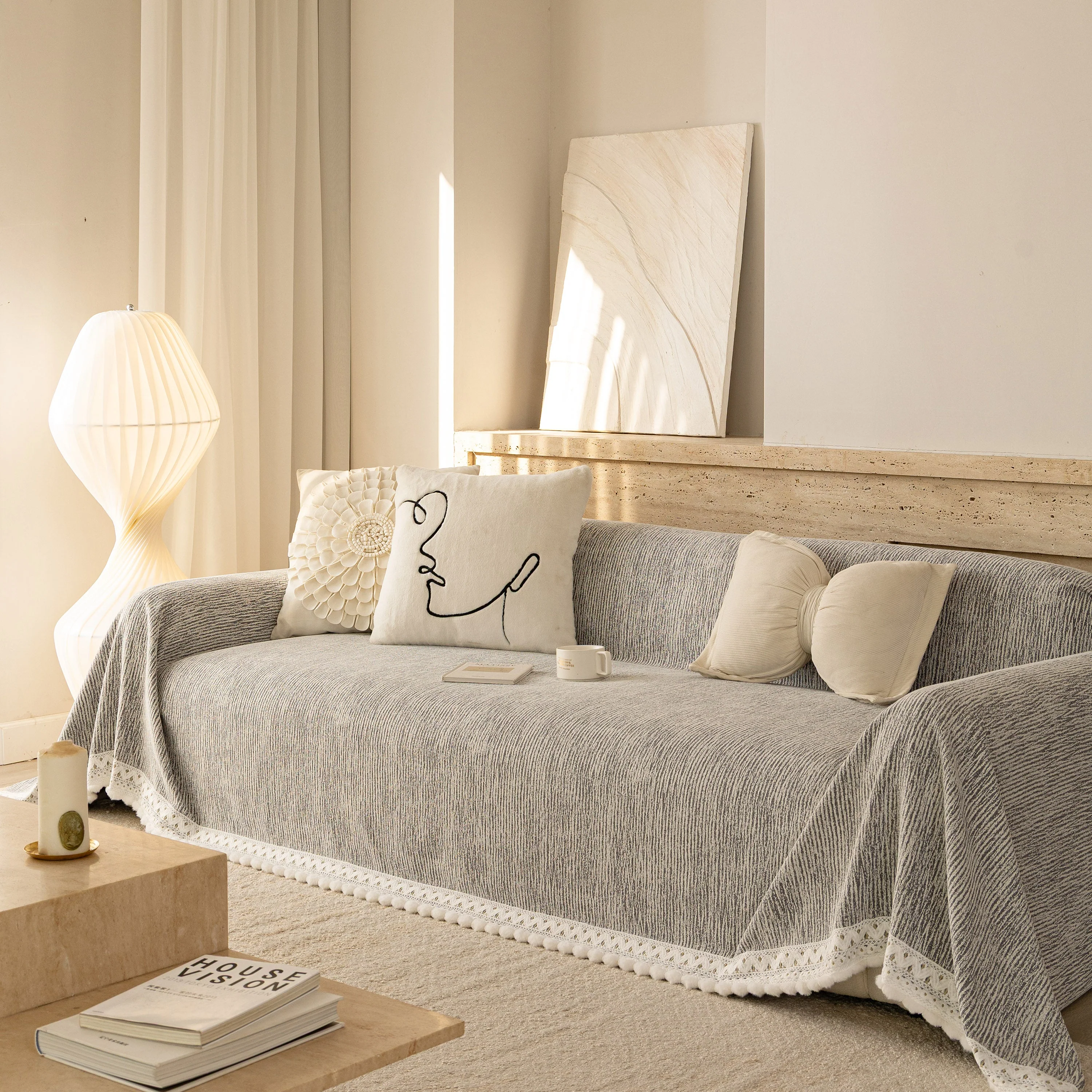 Sofa Cover Throw with Lace Trim & Pom-Pom Fringe, Decorative Couch Cover Blanket - Image 22