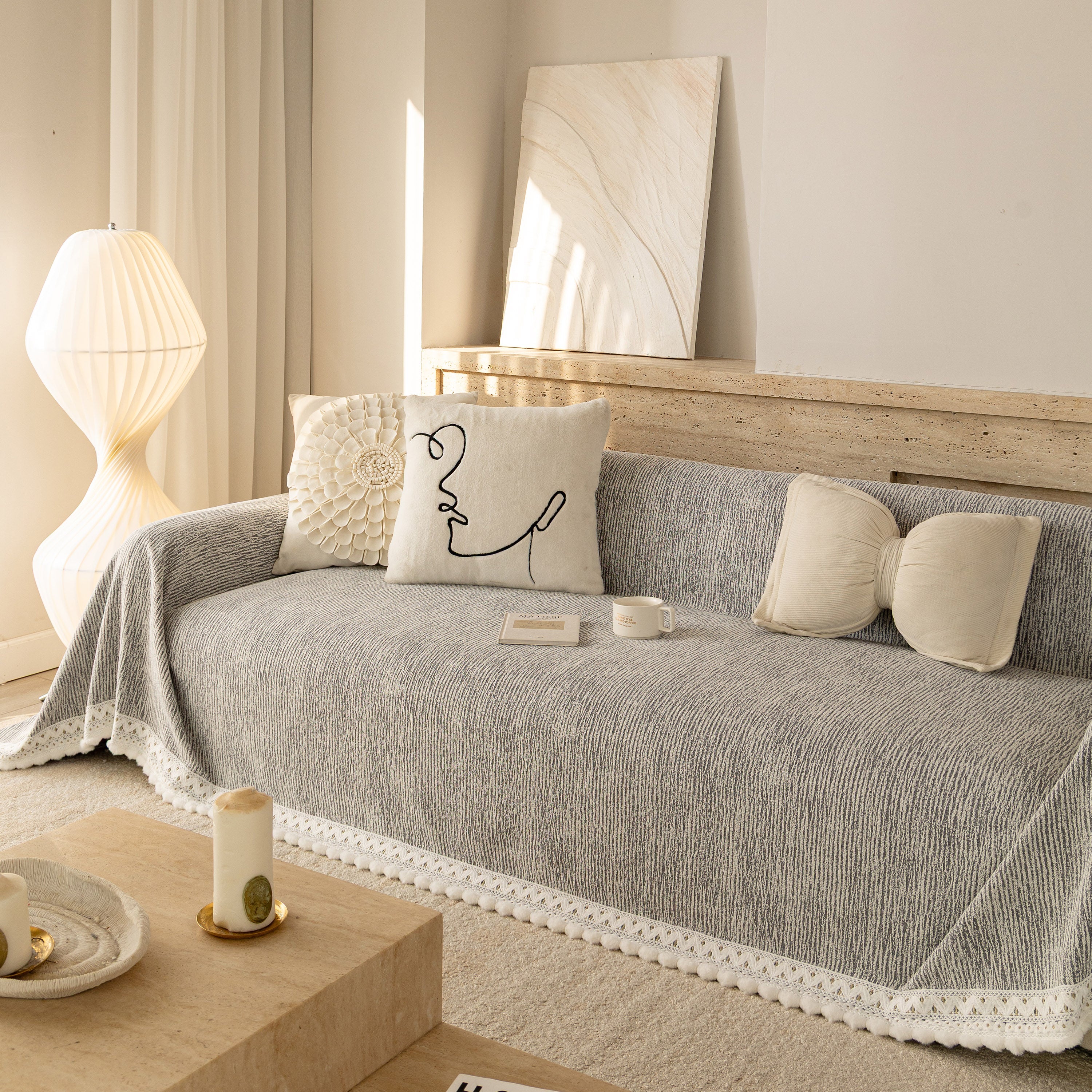 Sofa Cover Throw with Lace Trim & Pom-Pom Fringe, Decorative Couch Cover Blanket - Image 23