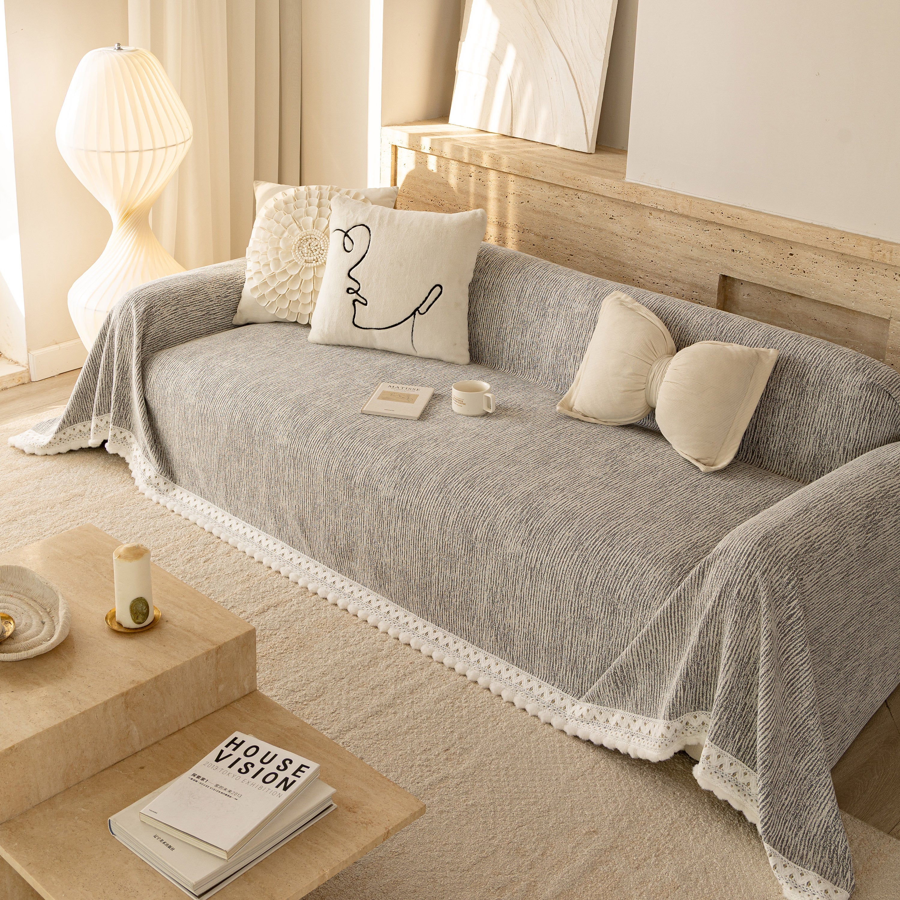 Sofa Cover Throw with Lace Trim & Pom-Pom Fringe, Decorative Couch Cover Blanket - Image 24