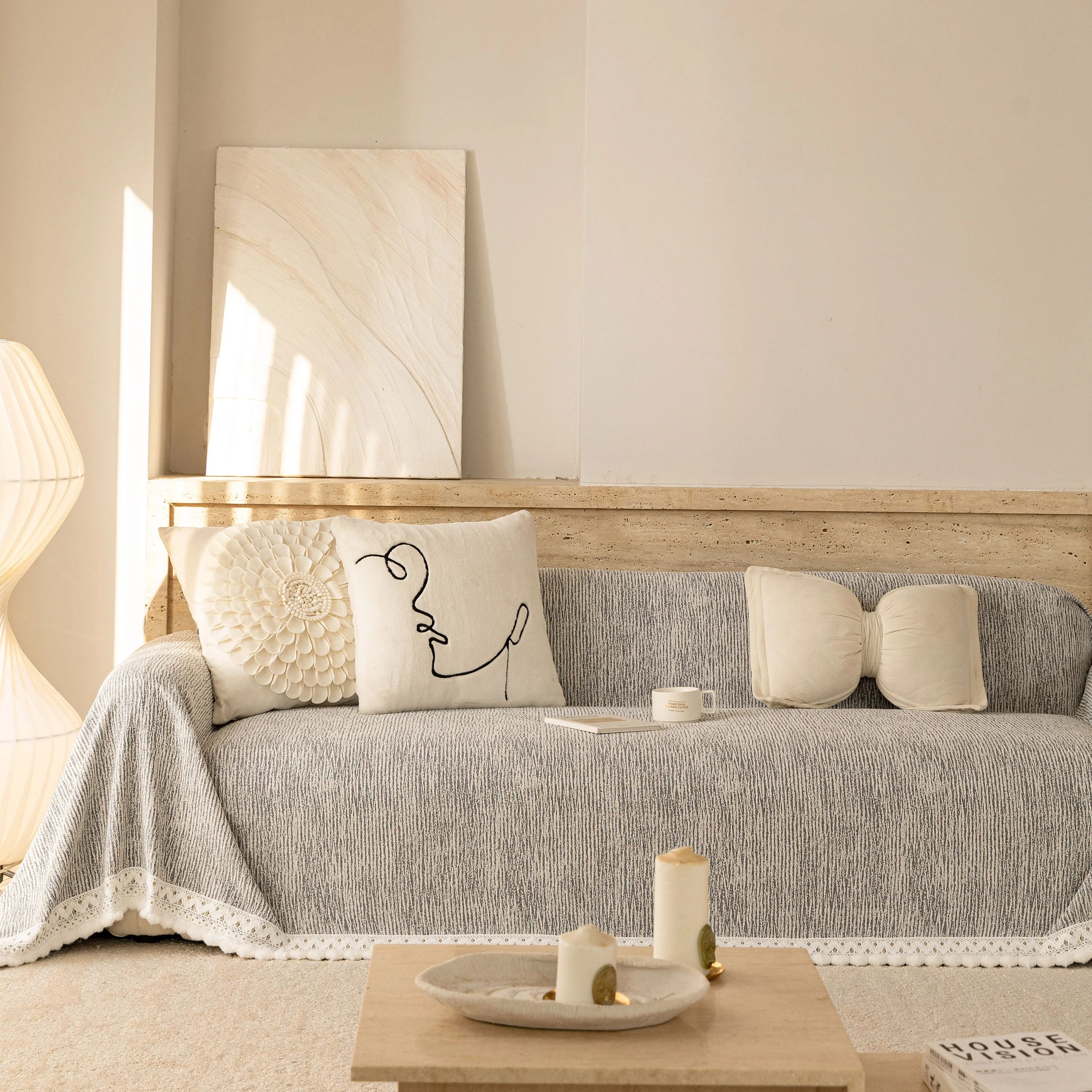 Sofa Cover Throw with Lace Trim & Pom-Pom Fringe, Decorative Couch Cover Blanket - Image 25