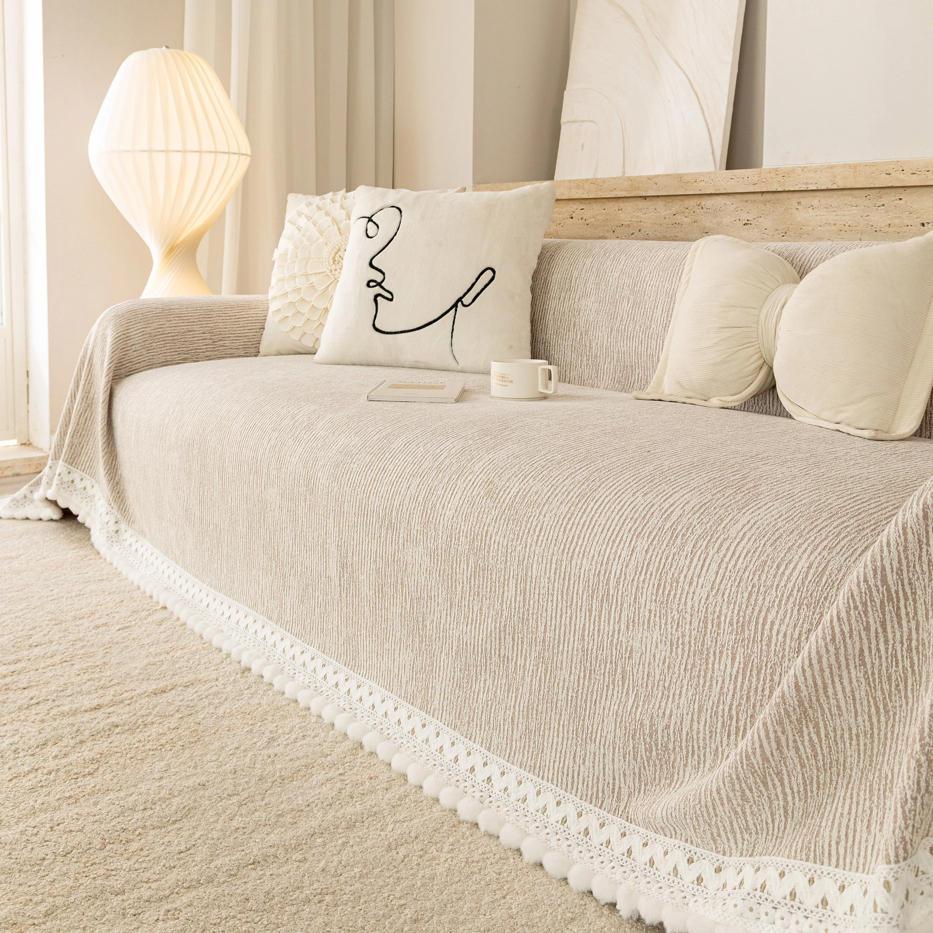 Sofa Cover Throw with Lace Trim & Pom-Pom Fringe, Decorative Couch Cover Blanket - Image 26