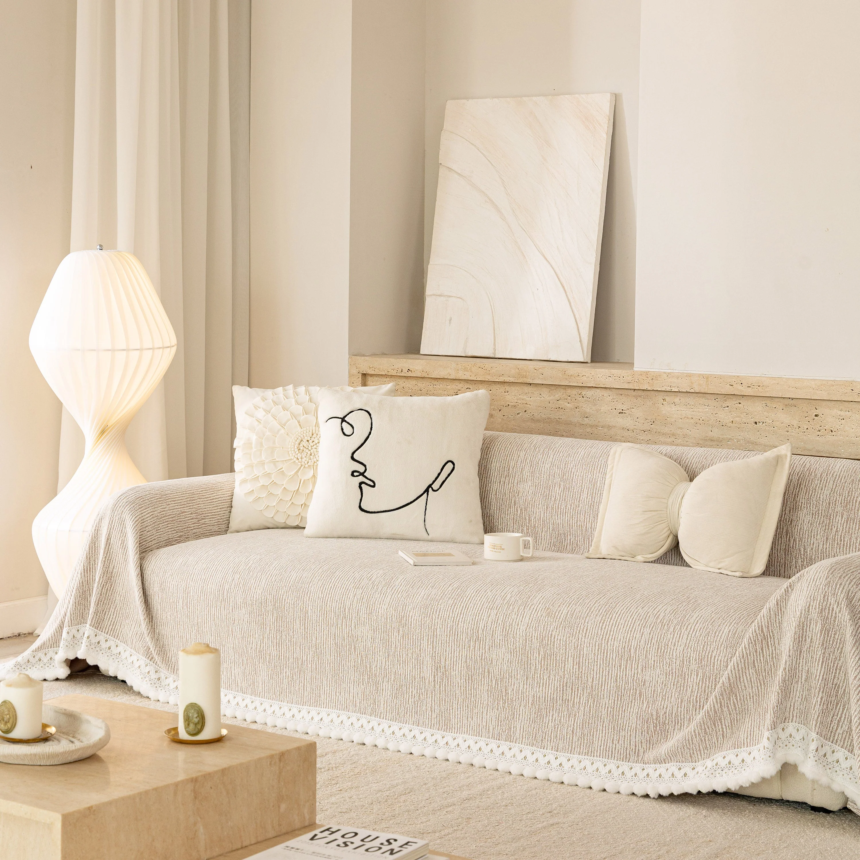 Sofa Cover Throw with Lace Trim & Pom-Pom Fringe, Decorative Couch Cover Blanket - Image 27