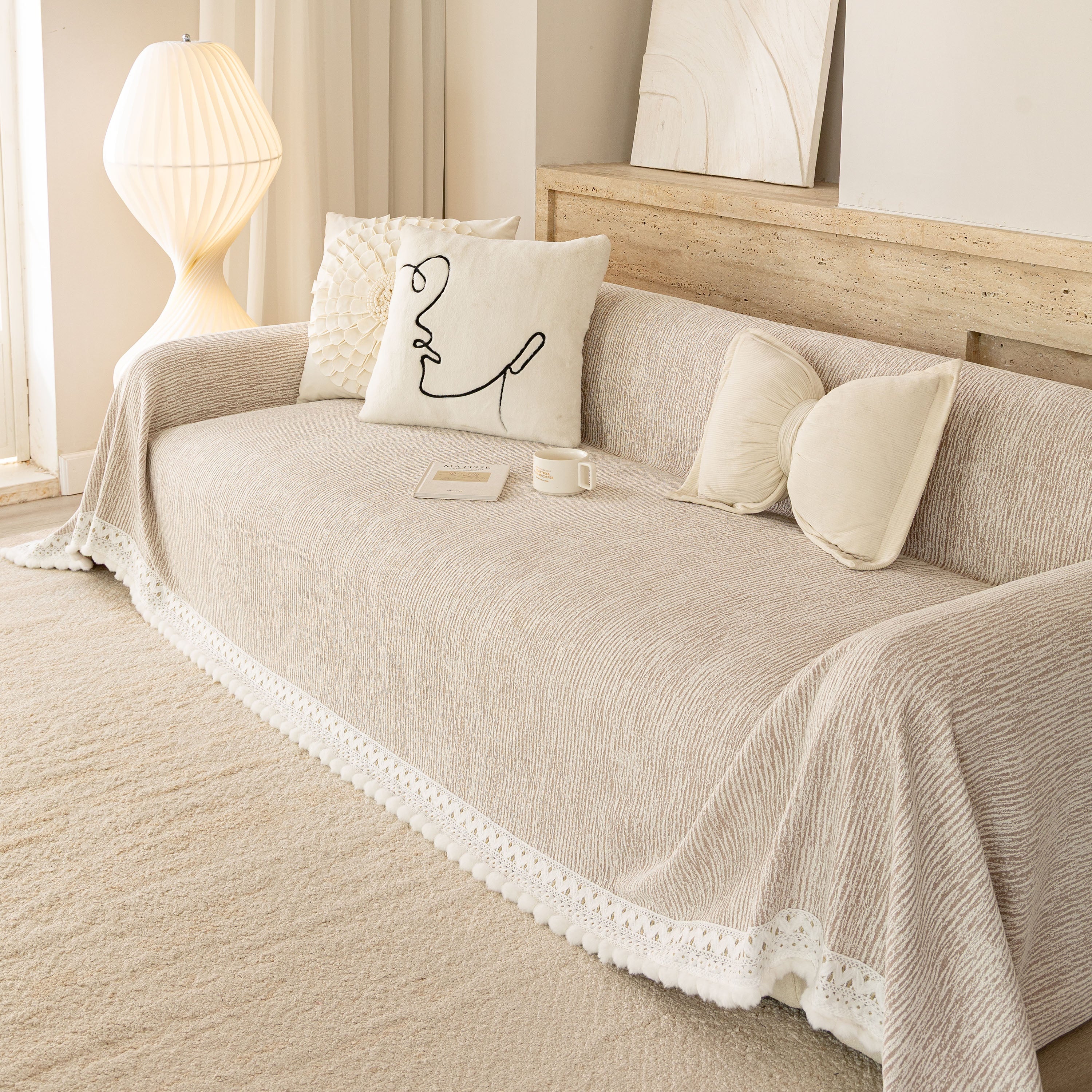 Sofa Cover Throw with Lace Trim & Pom-Pom Fringe, Decorative Couch Cover Blanket - Image 28