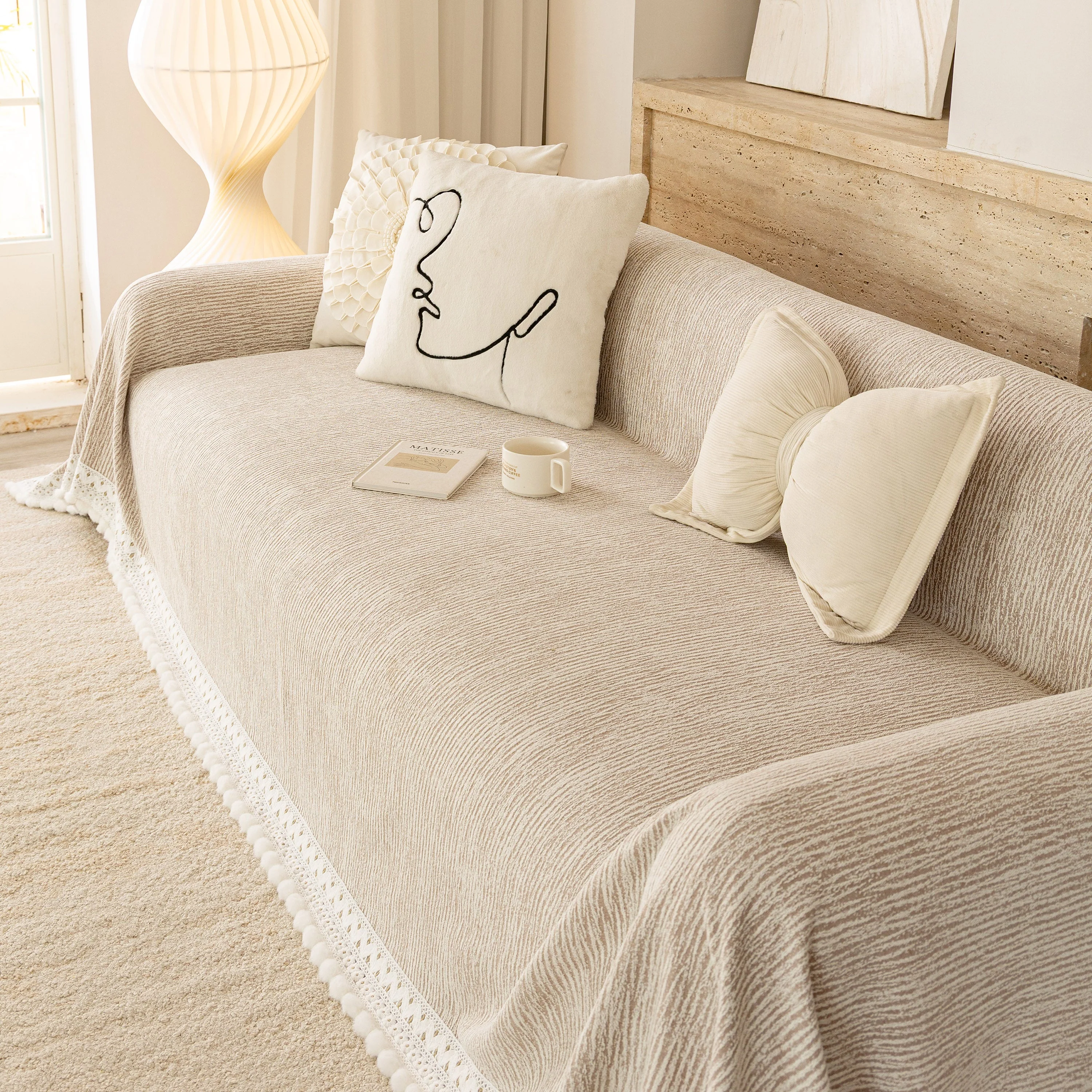 Sofa Cover Throw with Lace Trim & Pom-Pom Fringe, Decorative Couch Cover Blanket - Image 29