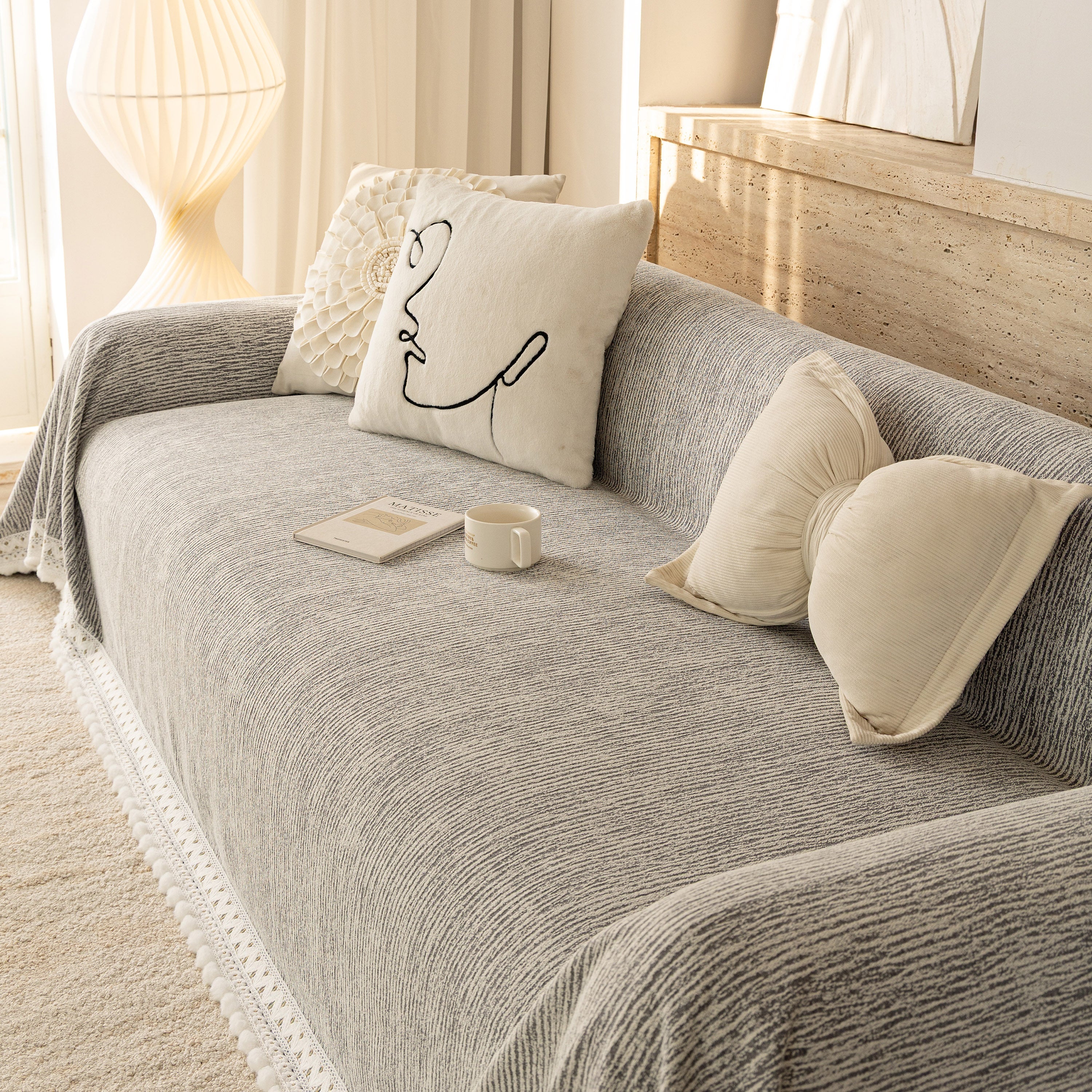 Sofa Cover Throw with Lace Trim & Pom-Pom Fringe, Decorative Couch Cover Blanket - Image 3
