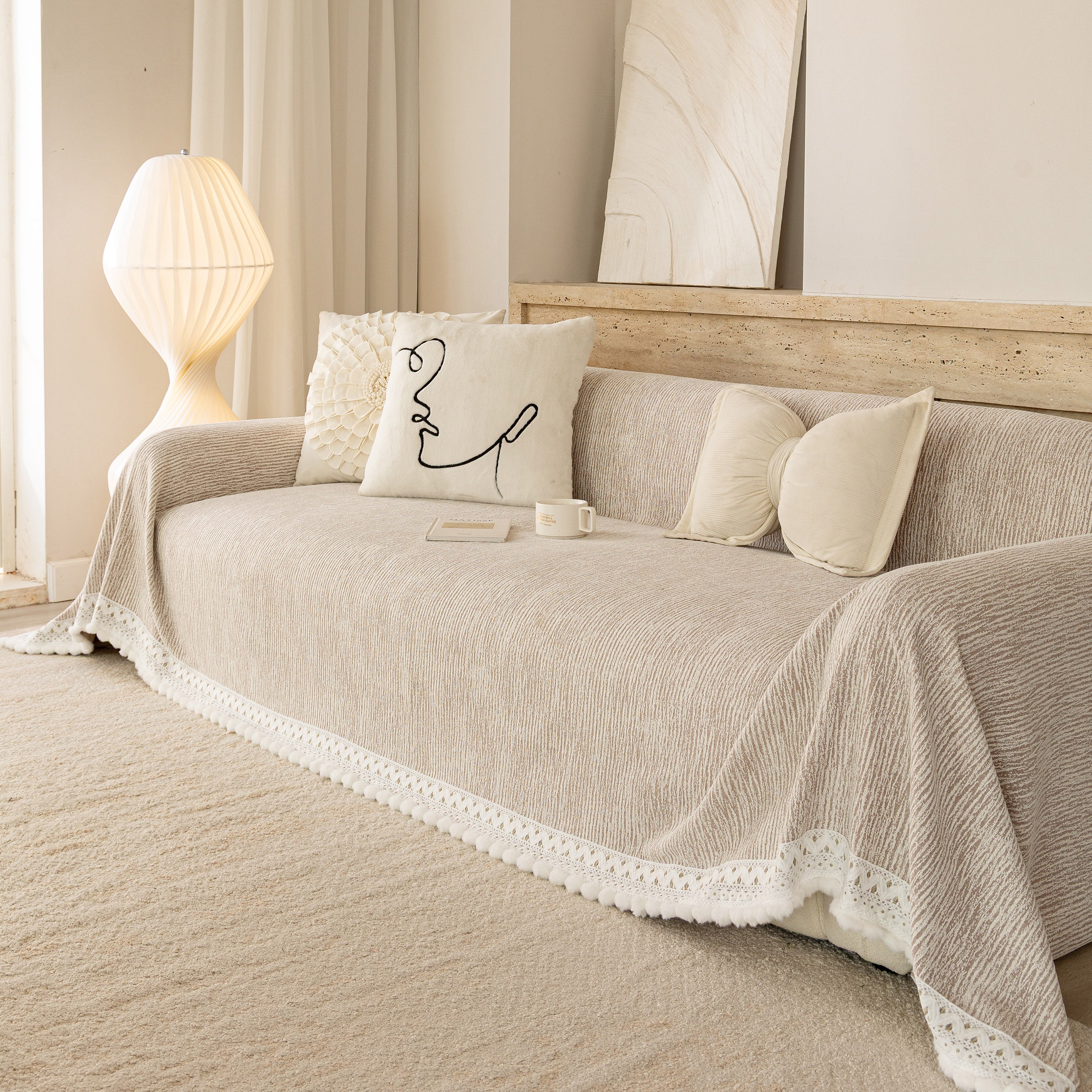 Sofa Cover Throw with Lace Trim & Pom-Pom Fringe, Decorative Couch Cover Blanket - Image 30