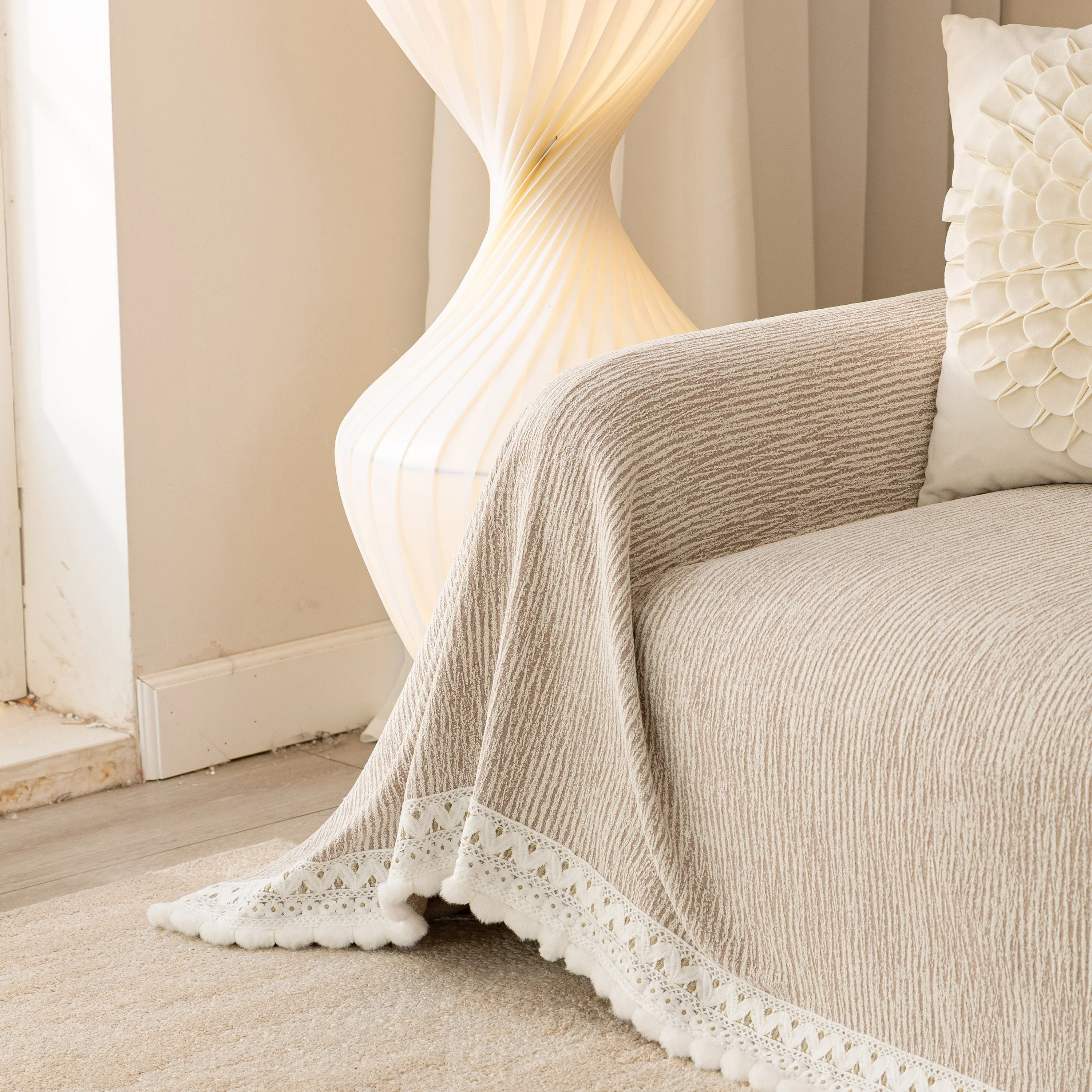 Sofa Cover Throw with Lace Trim & Pom-Pom Fringe, Decorative Couch Cover Blanket - Image 31