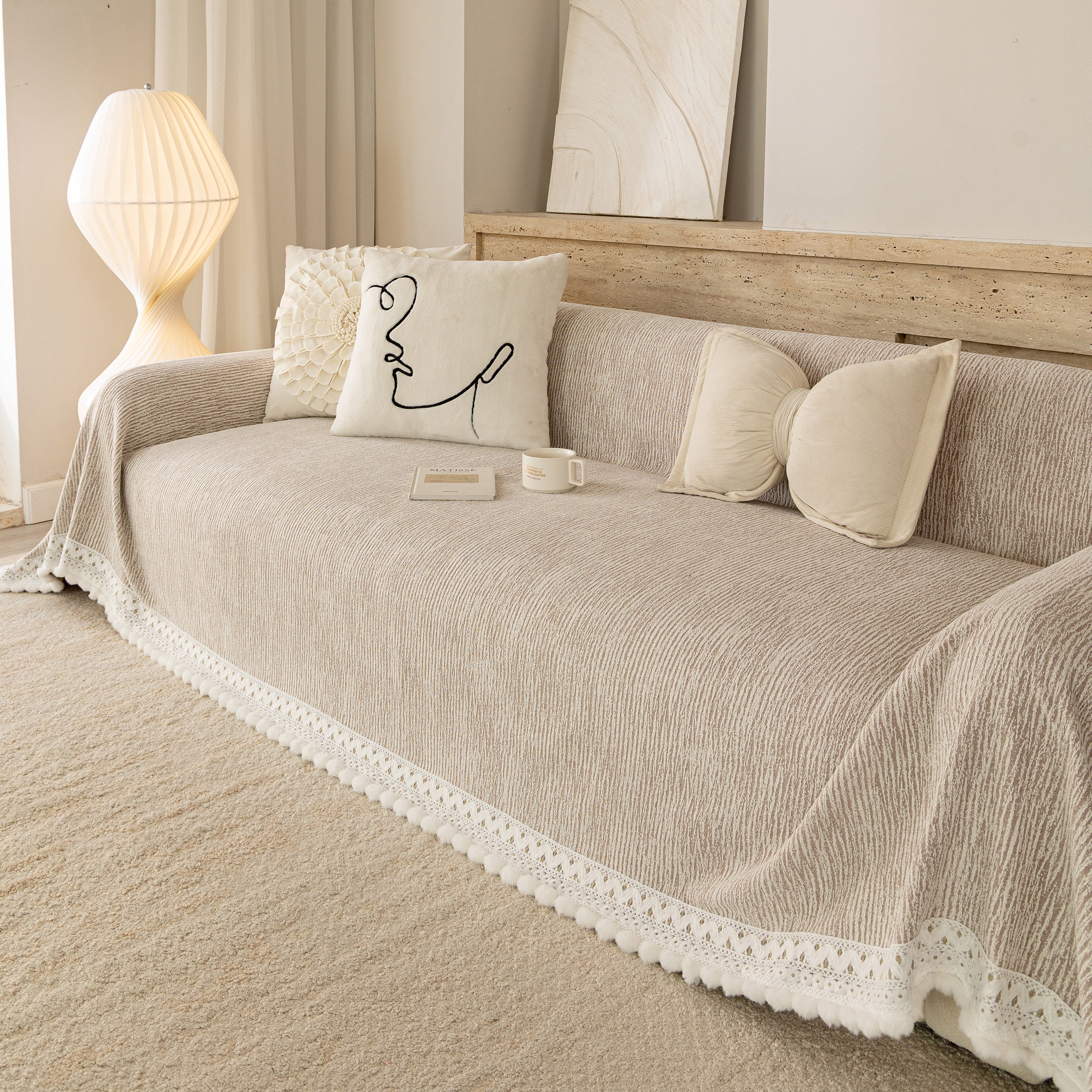 Sofa Cover Throw with Lace Trim & Pom-Pom Fringe, Decorative Couch Cover Blanket - Image 32