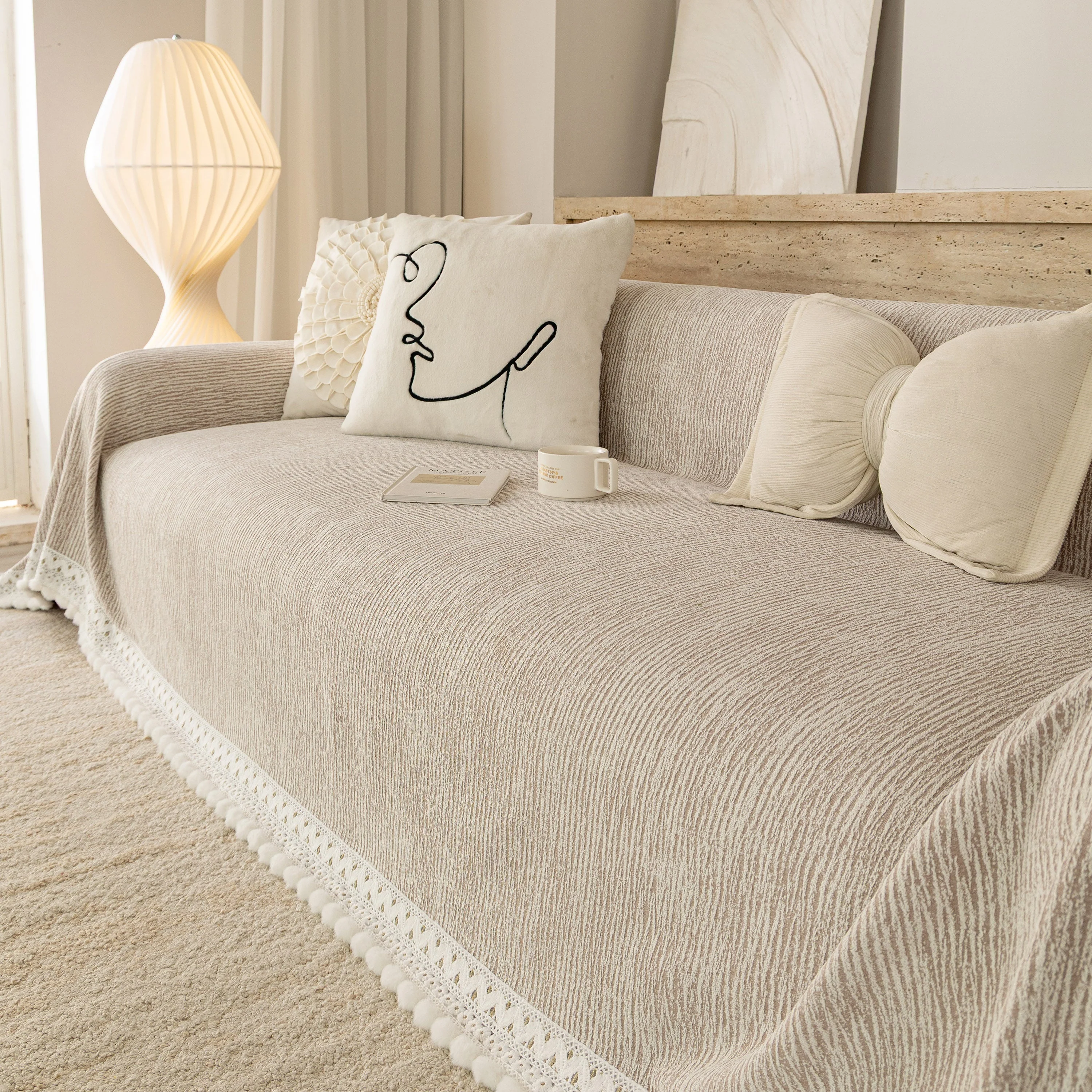 Sofa Cover Throw with Lace Trim & Pom-Pom Fringe, Decorative Couch Cover Blanket - Image 33
