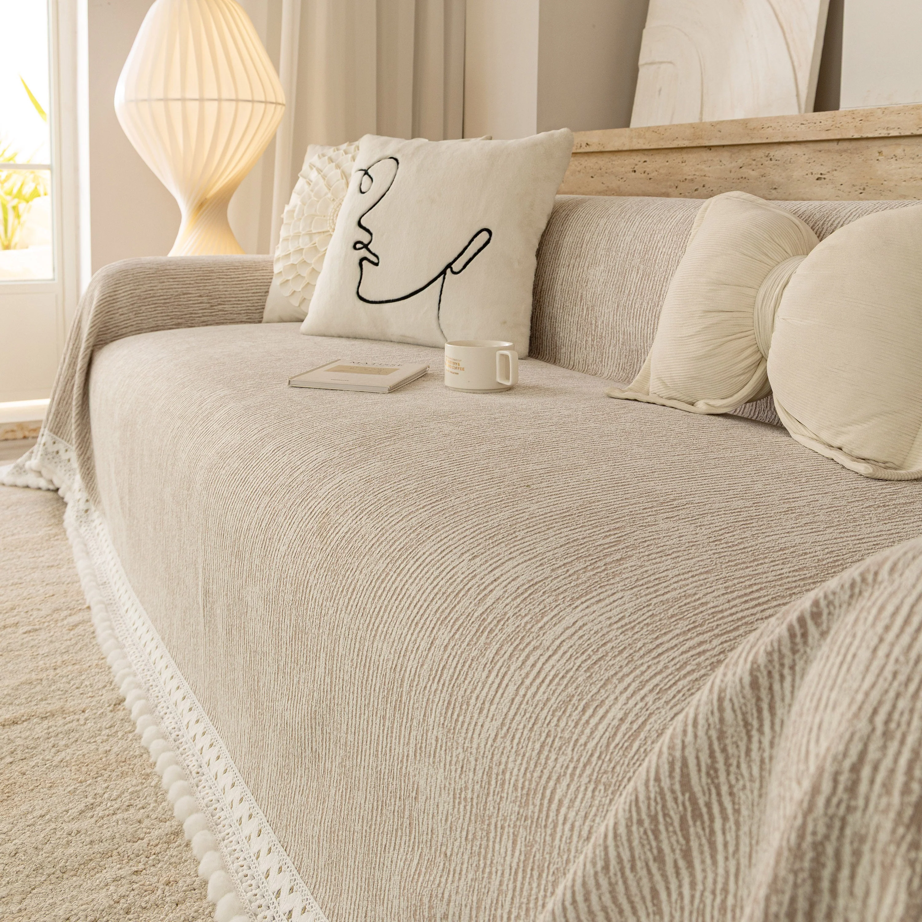 Sofa Cover Throw with Lace Trim & Pom-Pom Fringe, Decorative Couch Cover Blanket - Image 34