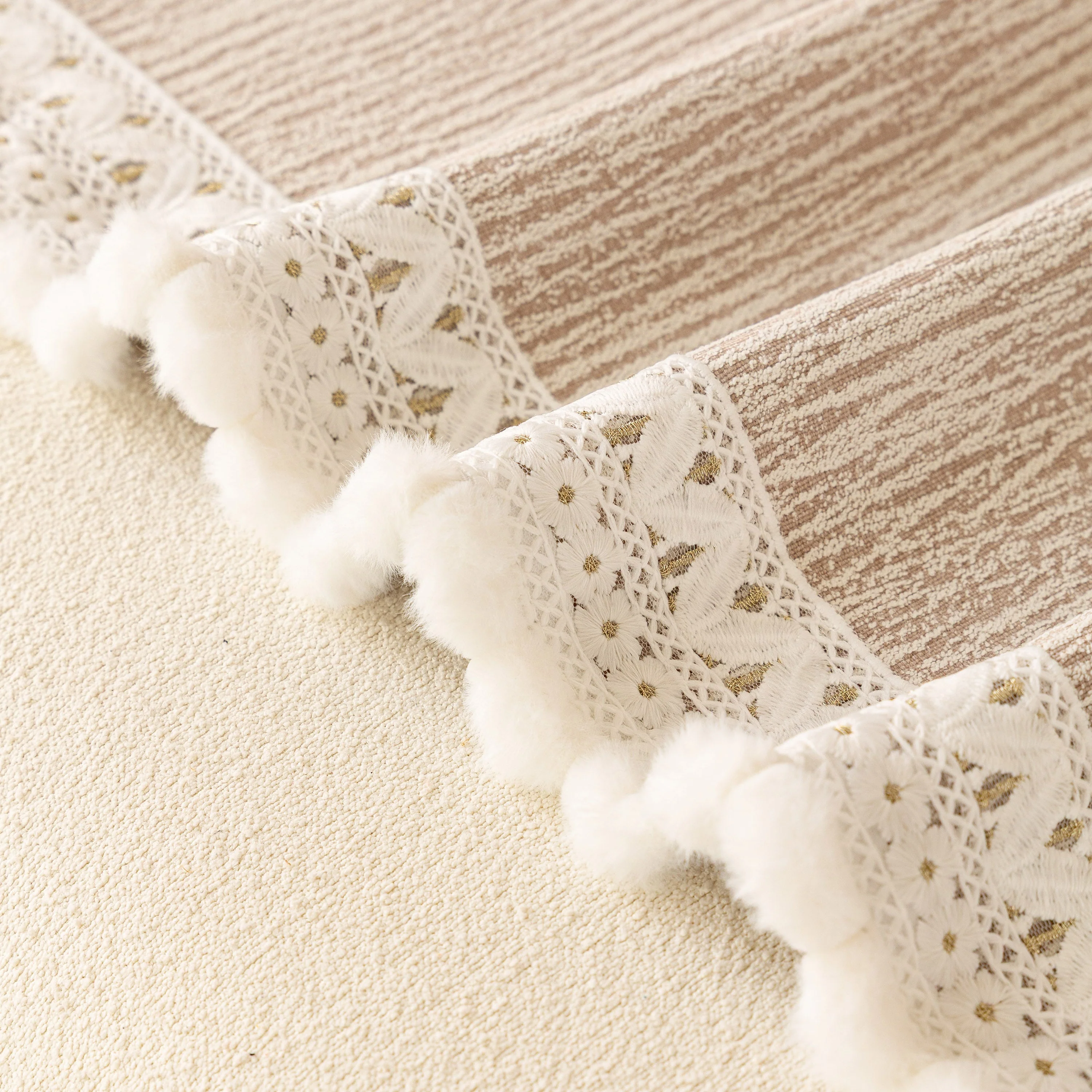 Sofa Cover Throw with Lace Trim & Pom-Pom Fringe, Decorative Couch Cover Blanket - Image 35