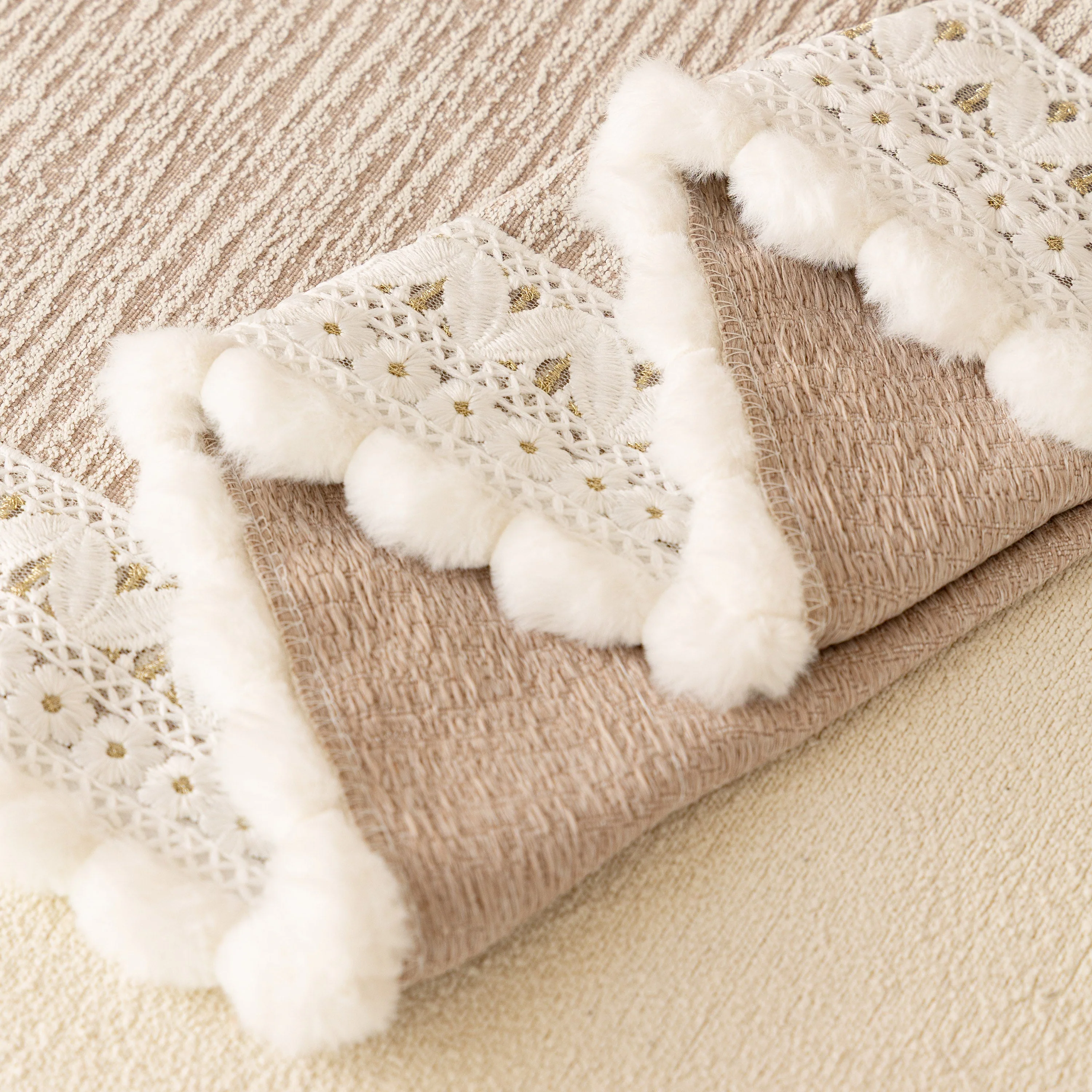 Sofa Cover Throw with Lace Trim & Pom-Pom Fringe, Decorative Couch Cover Blanket - Image 36