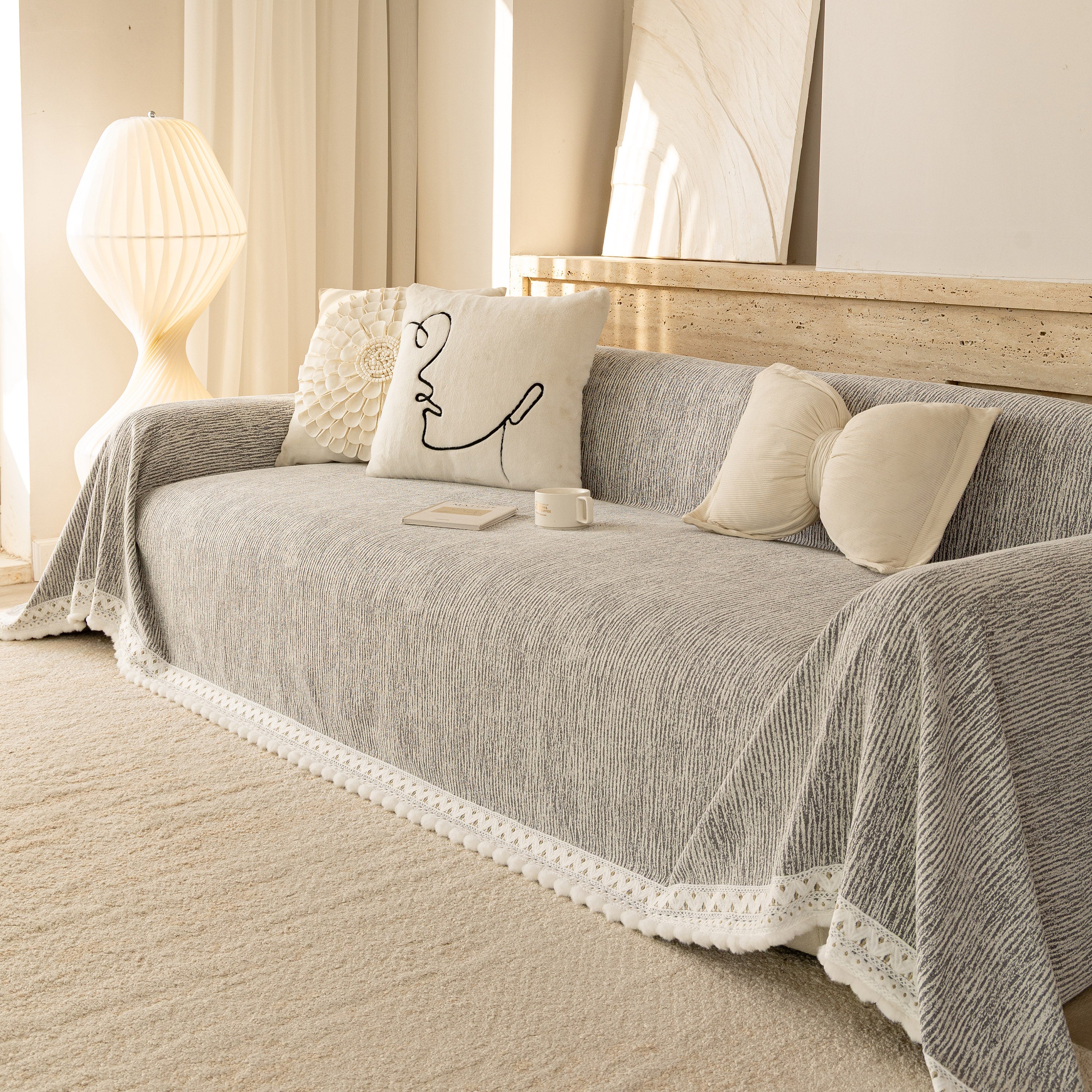 Sofa Cover Throw with Lace Trim & Pom-Pom Fringe, Decorative Couch Cover Blanket - Image 4