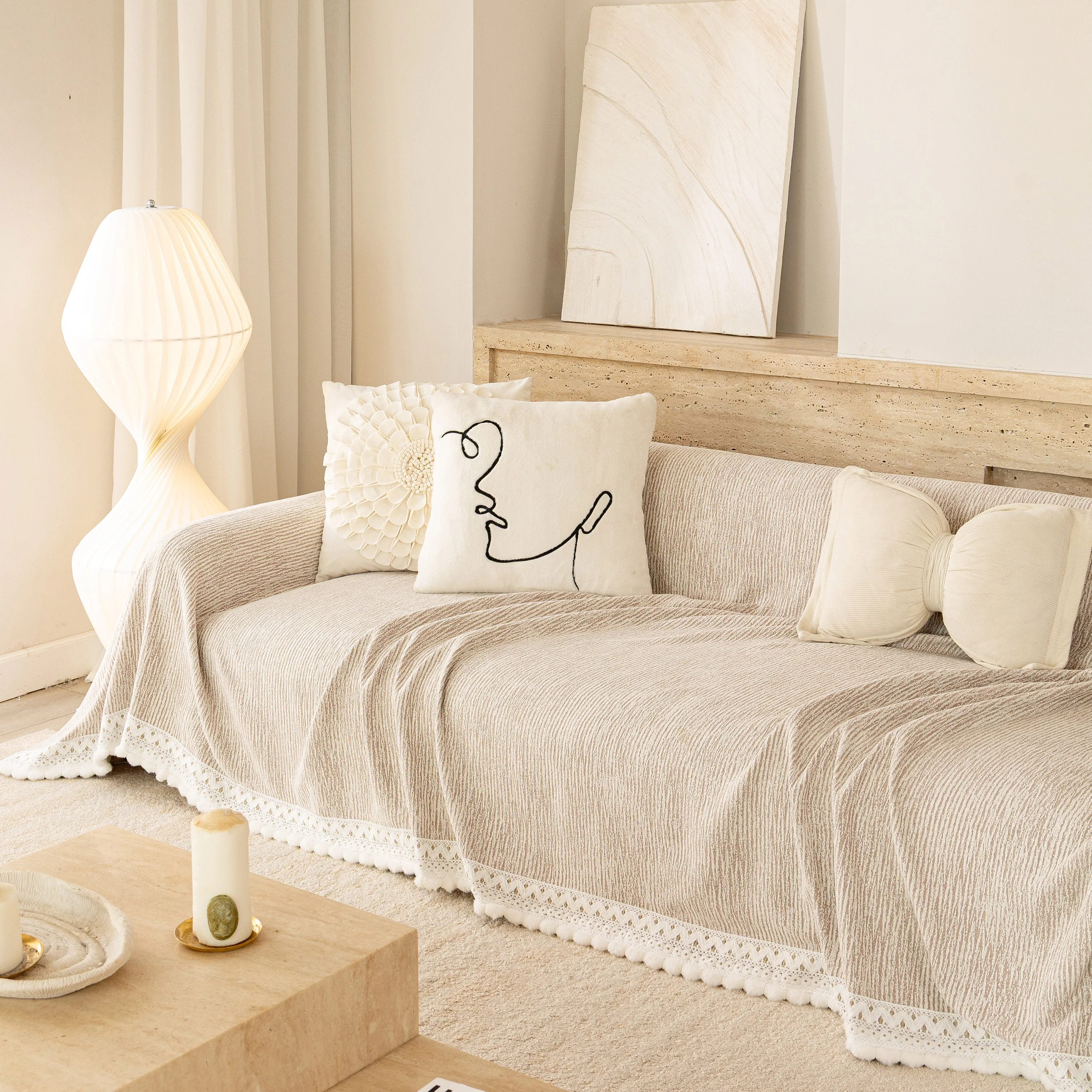 Sofa Cover Throw with Lace Trim & Pom-Pom Fringe, Decorative Couch Cover Blanket - Image 40