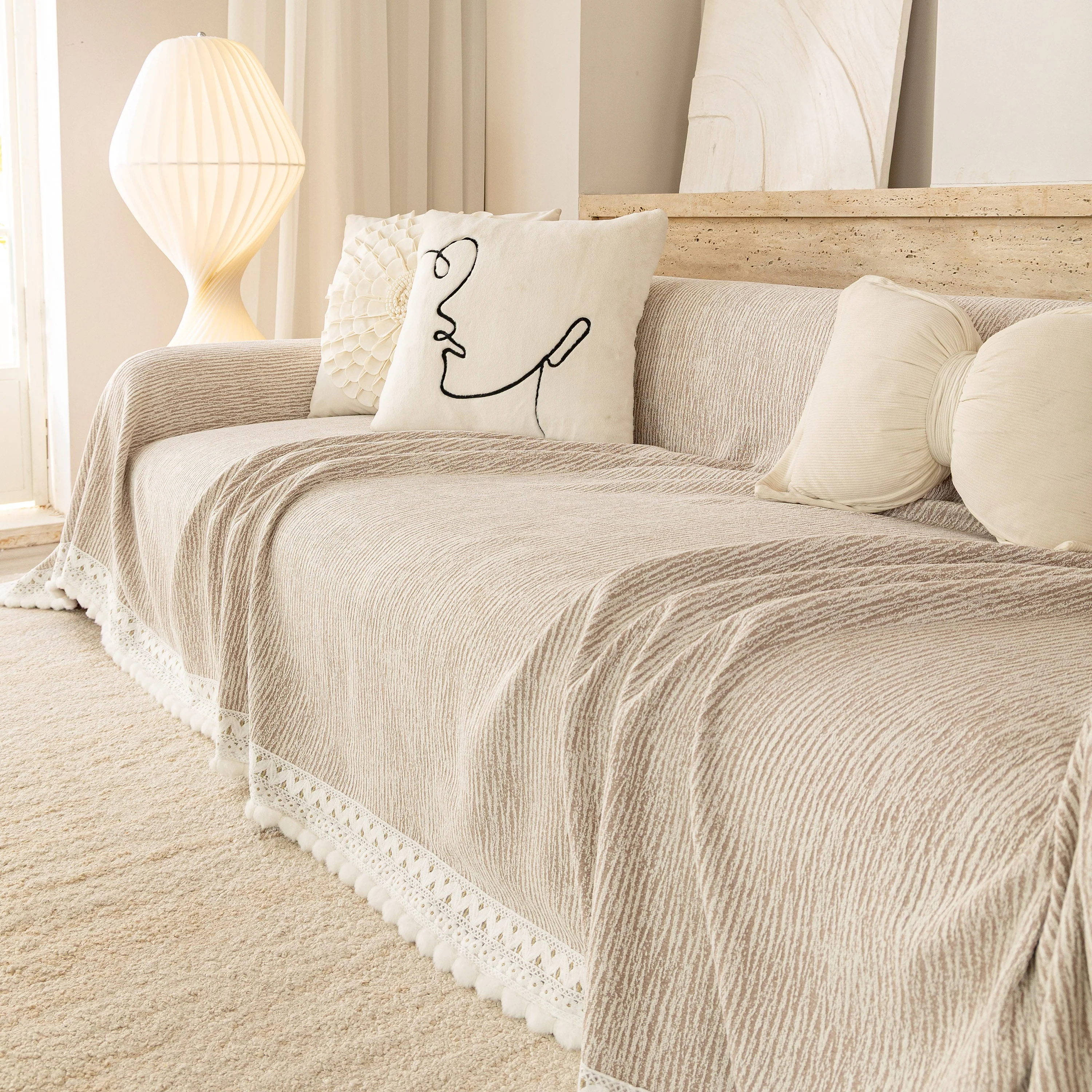 Sofa Cover Throw with Lace Trim & Pom-Pom Fringe, Decorative Couch Cover Blanket - Image 41